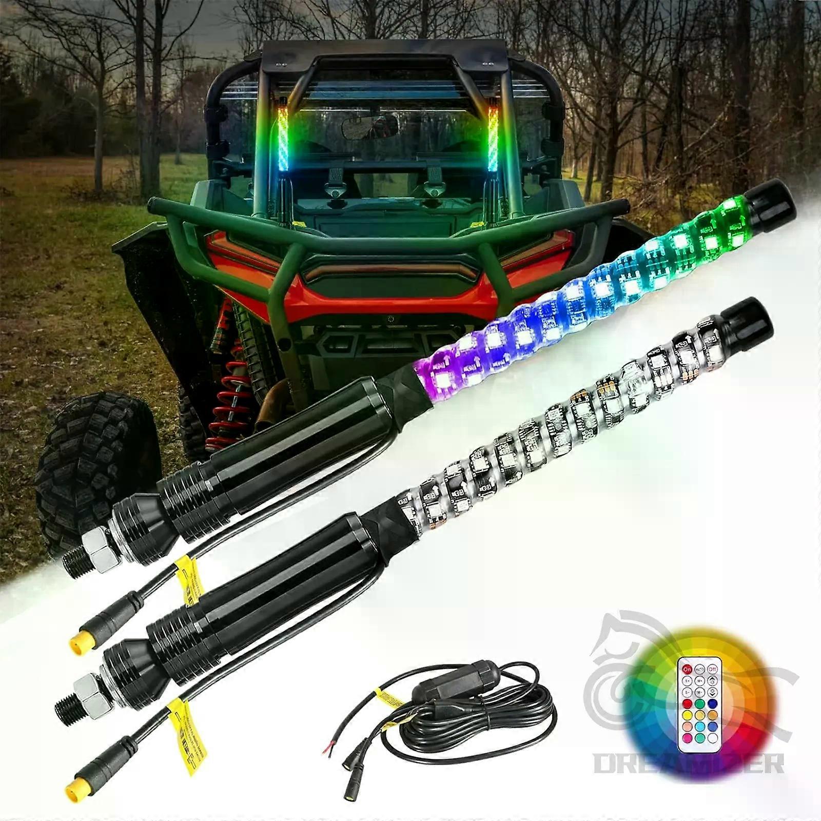 2PCS 1FT RGB LED Whip Lights Assembly Part Easy To Install Chasing Light Replacement Lighted Antenna Whips for UTV ATV Offroad
