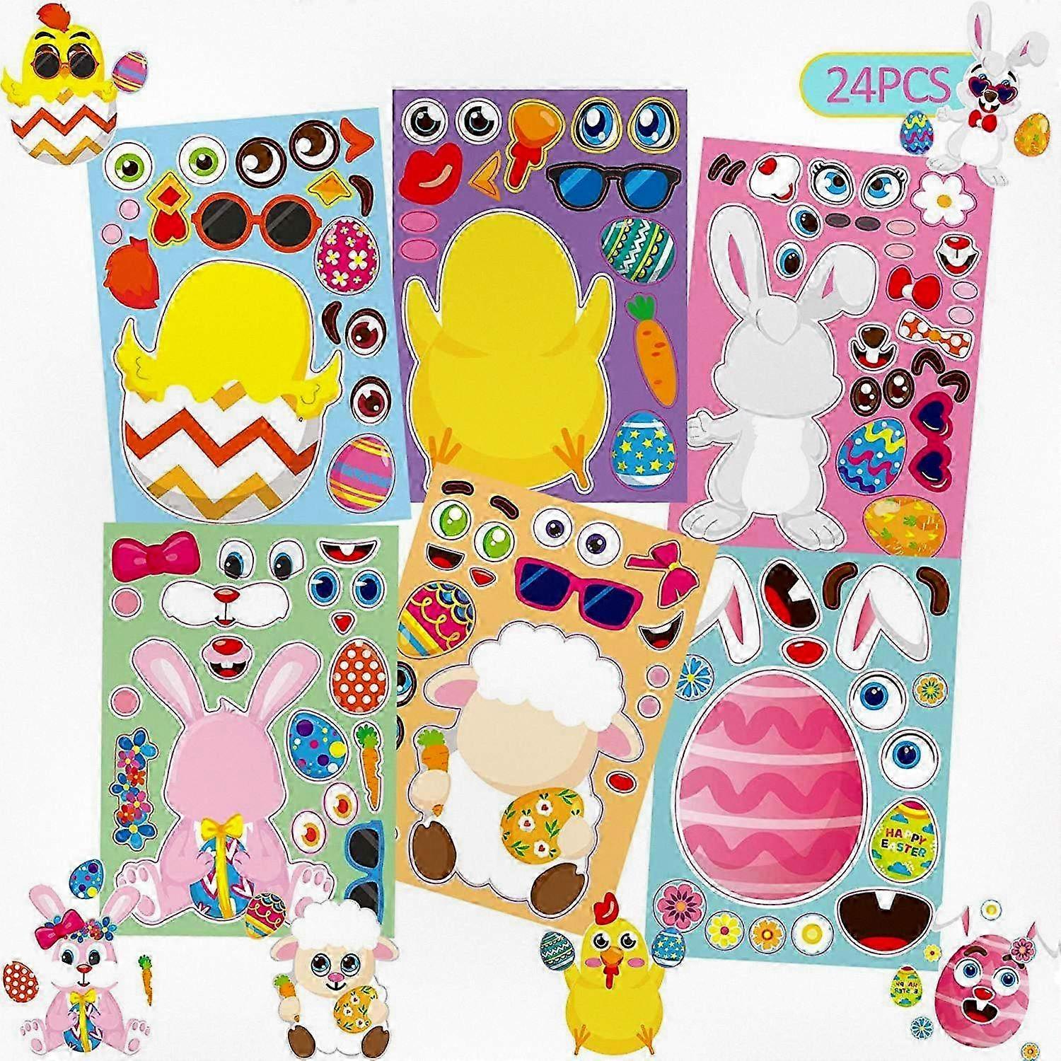 24 Sheets of Easter Face Making Stickers for Kids to Create Their Own Faces Featuring Sheep, Rabbits, Colored Eggs, and Chicks with DIY Craf