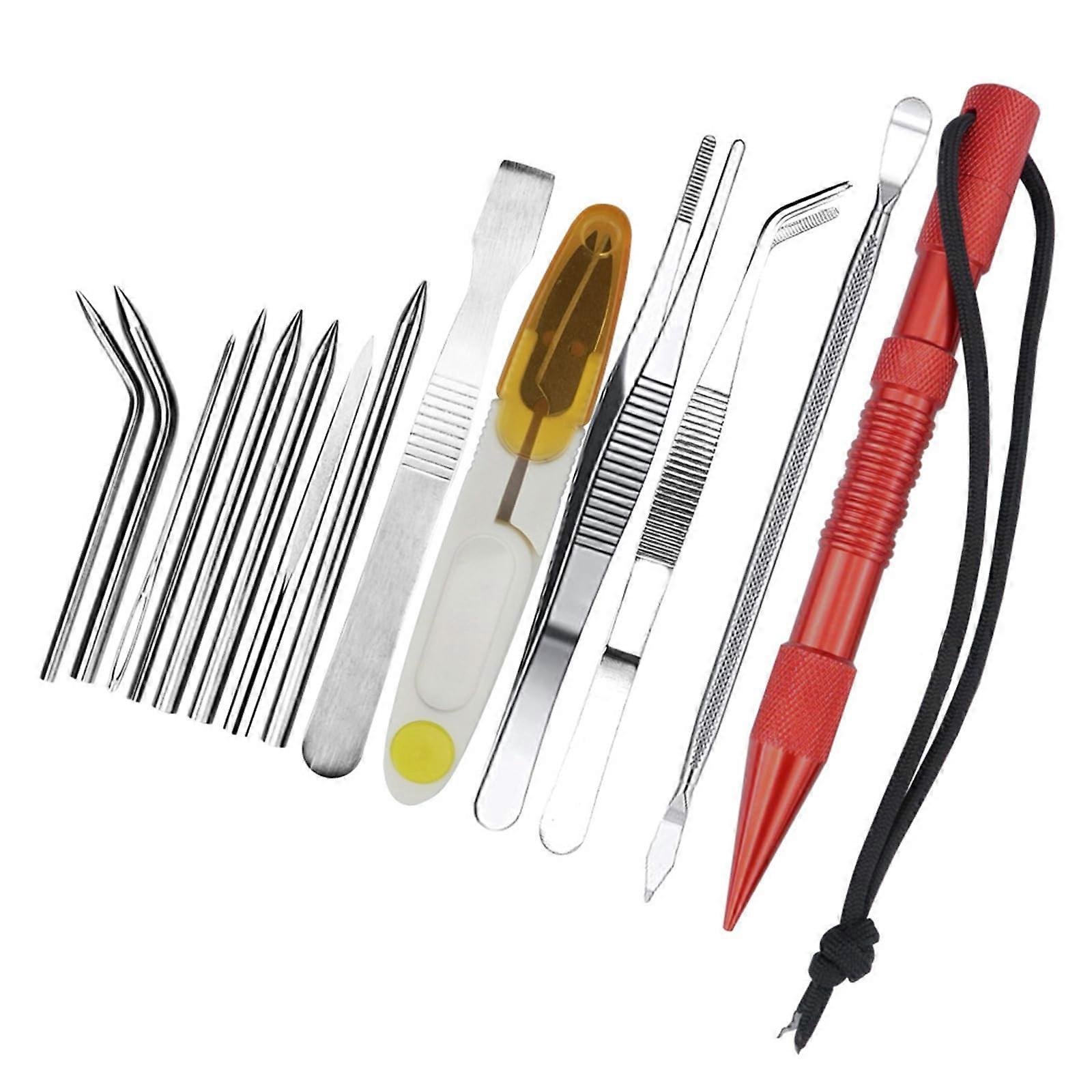 Essential 14piece camping tool set with strong paracord needle for attaching tents and canopies for building outdoor accommodation.'