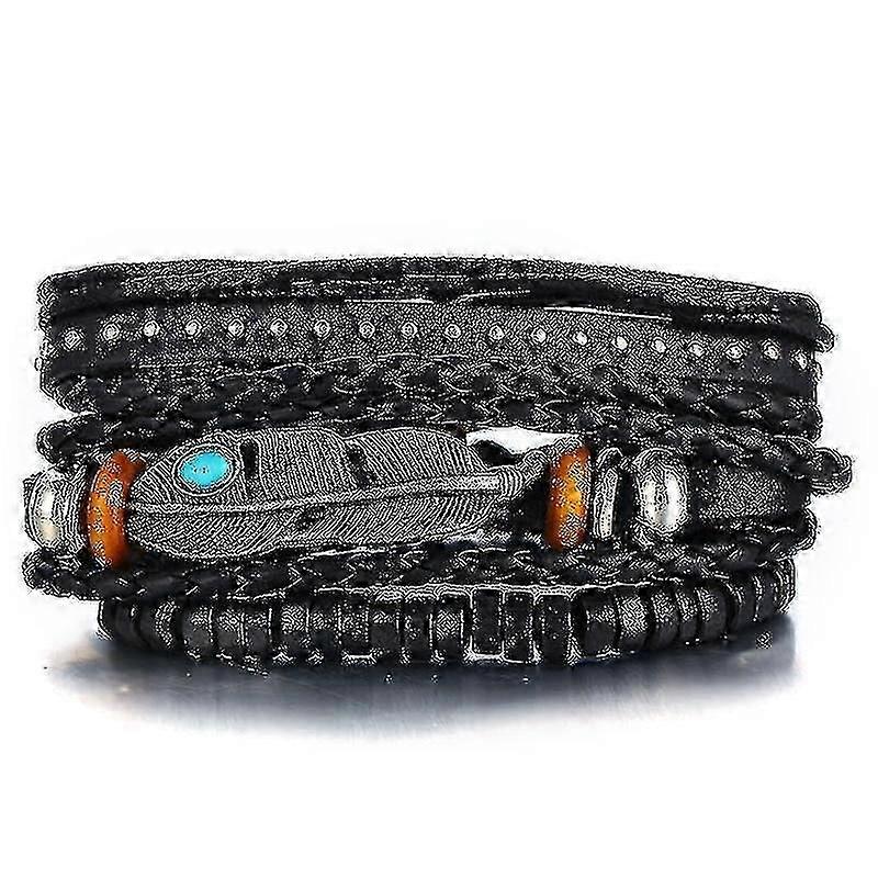 Bracelets Vintage Leaf Feather Multilayer Leather Bracelet Set