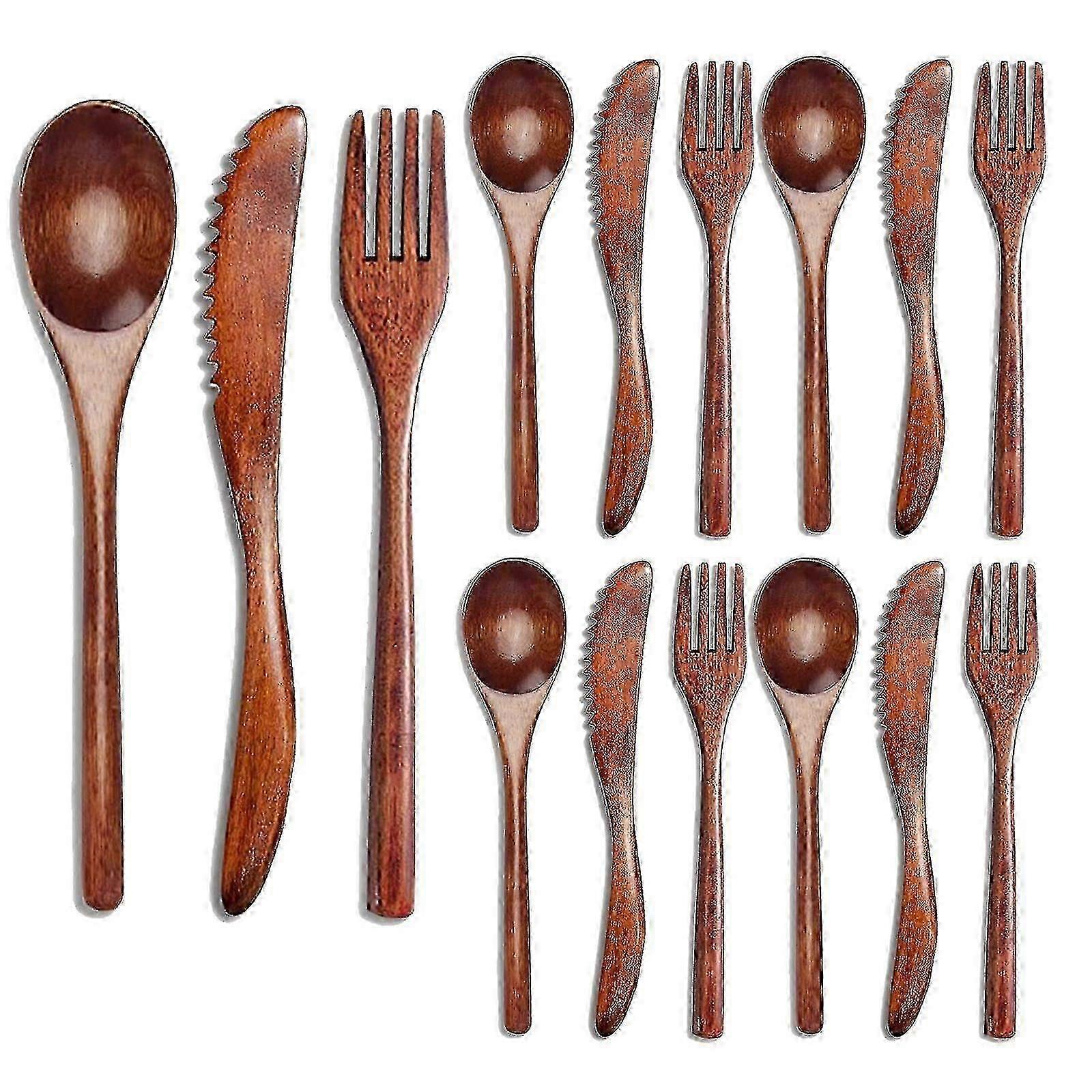 15 Pcs Reusable Wooden Cutlery Set With Spoon Fork Knife For Kitchen Dining Eco-friendly Tableware