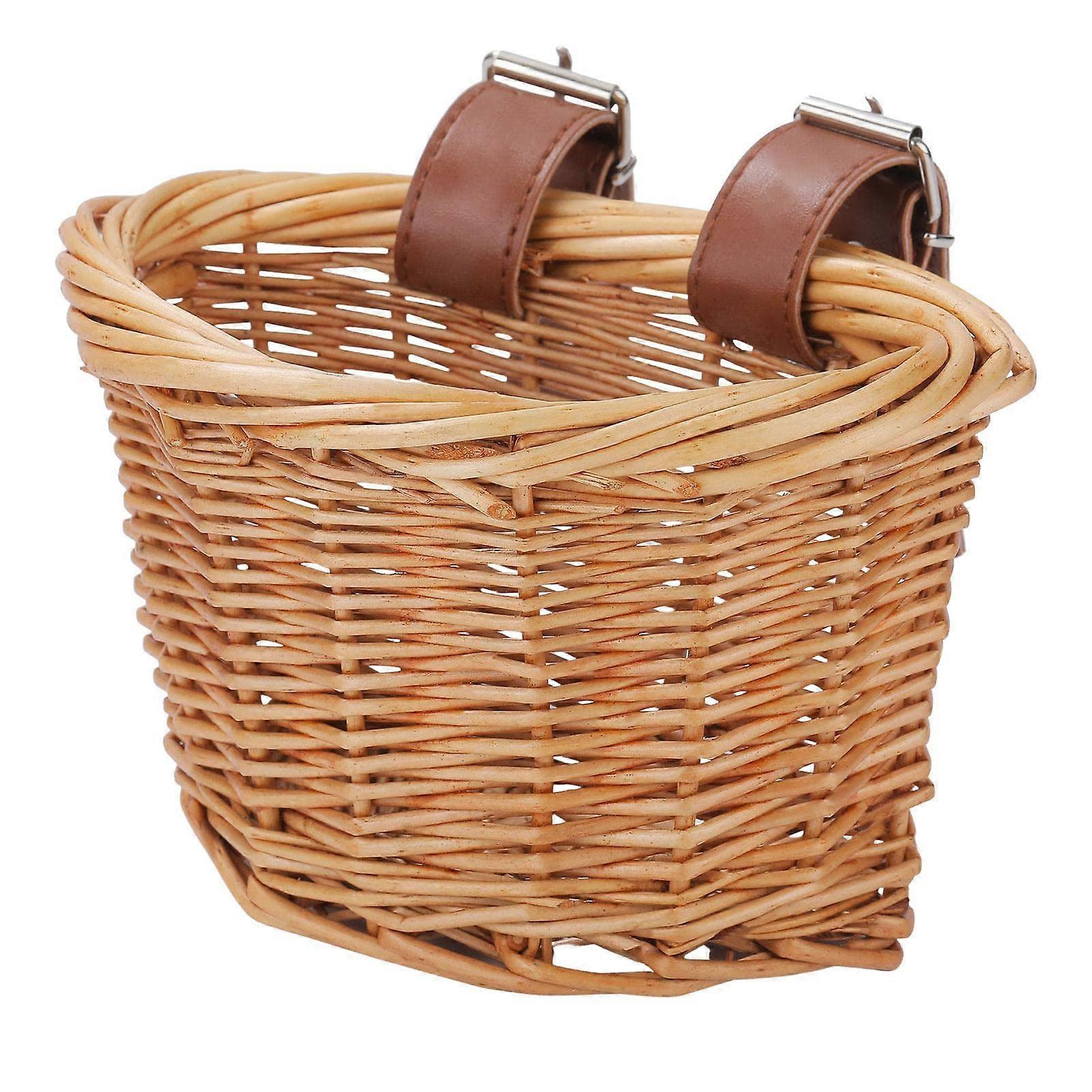 Rattan Bicycle Basket for Children - Handwoven Wicker Front Basket with Removable Handlebar and Adjustable Leather Straps