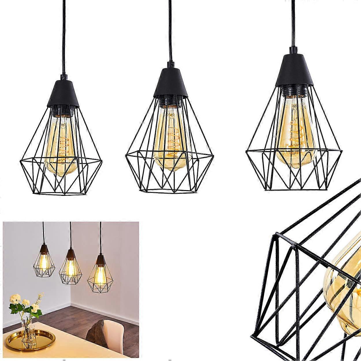 Pendant Light Metal Black Oblong Pendant 3 X E27 Height-Adjustable Vintage Retro Lattice Design Bulb Not Included