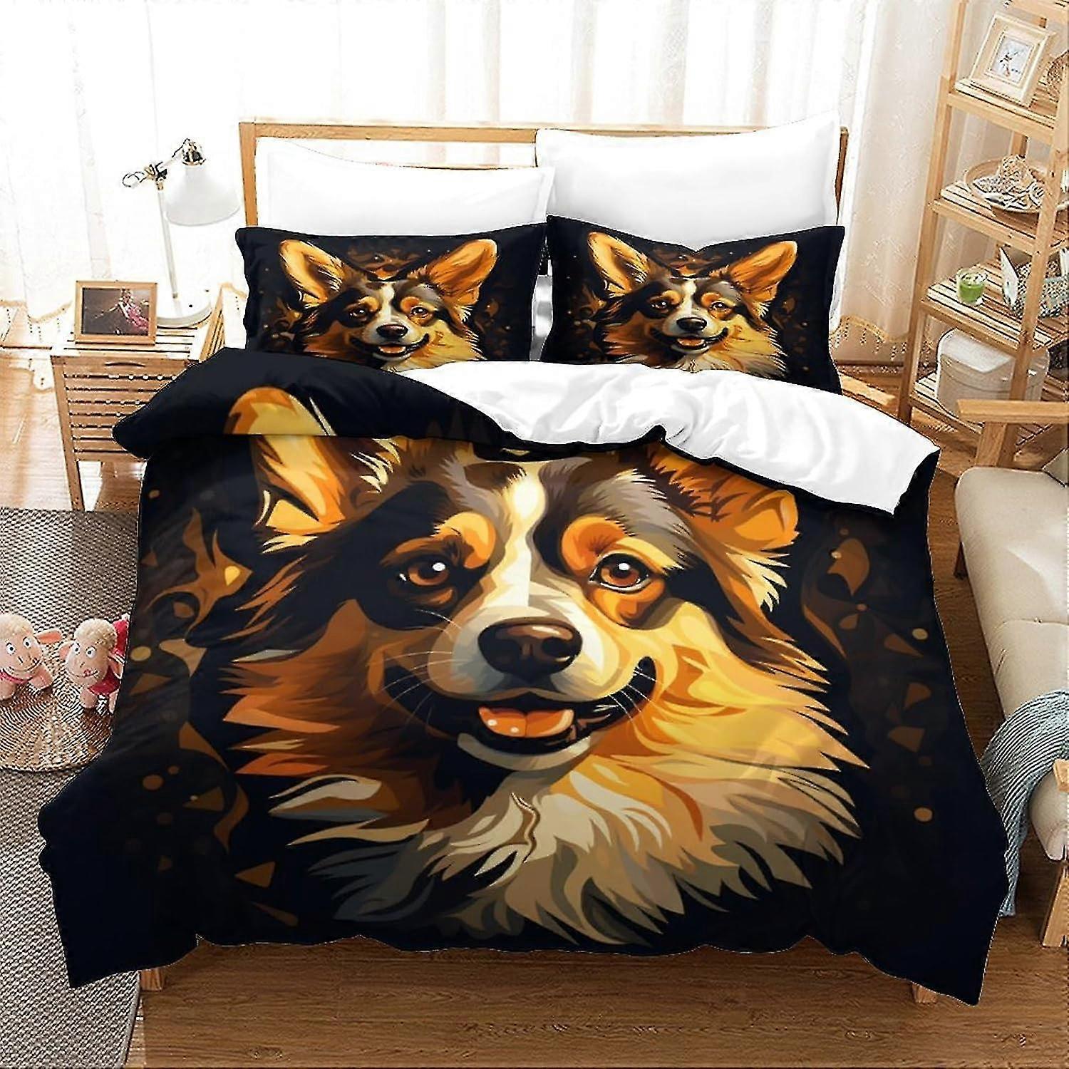 Conjunto de capa de edredão com design Corgi para crianças Coleção de roupa de cama impressa em 3D 3 peças