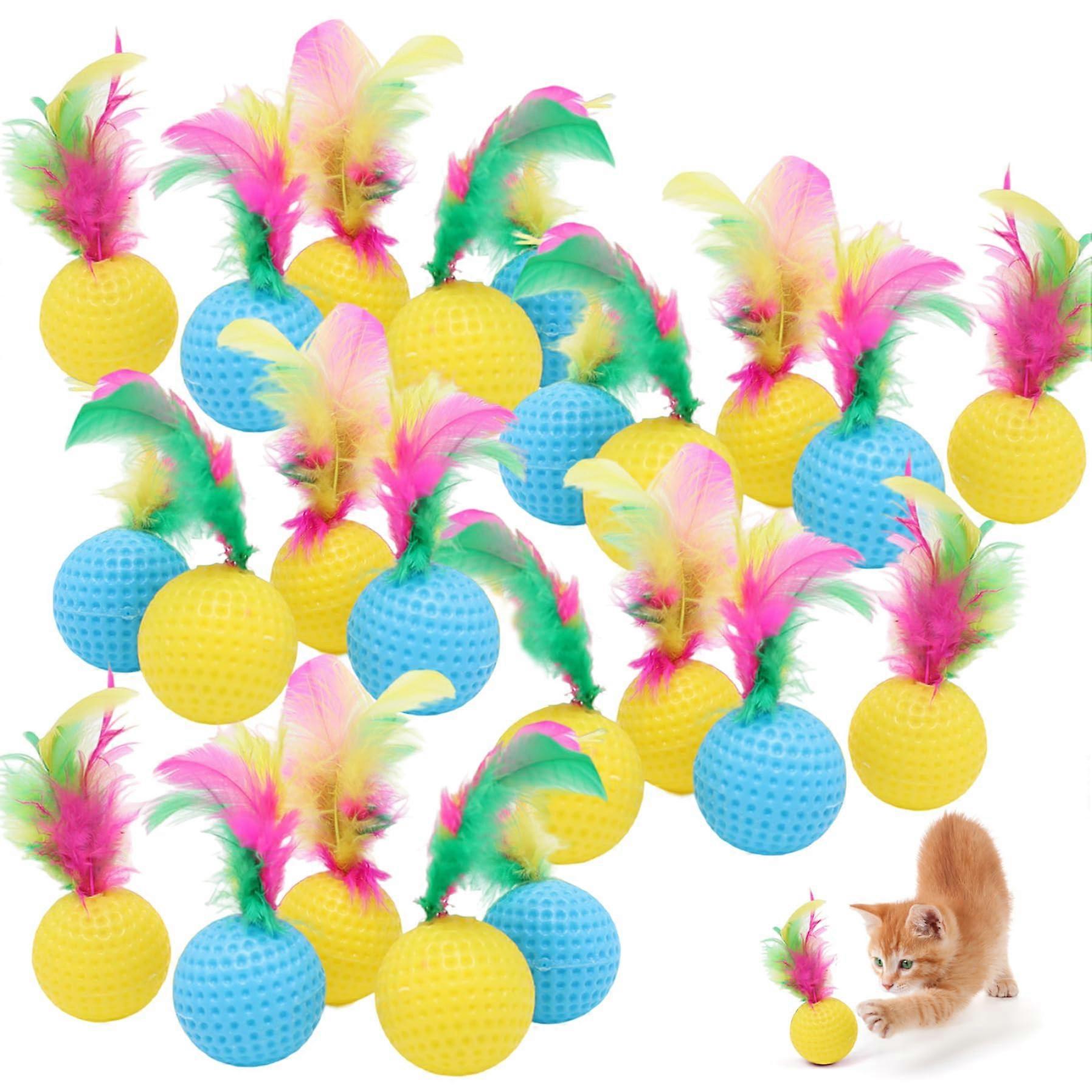 24pcs Cat Ball Toy, 1.5inch Colourful Cat Toy with Feathers, Interactive Cat Bugs