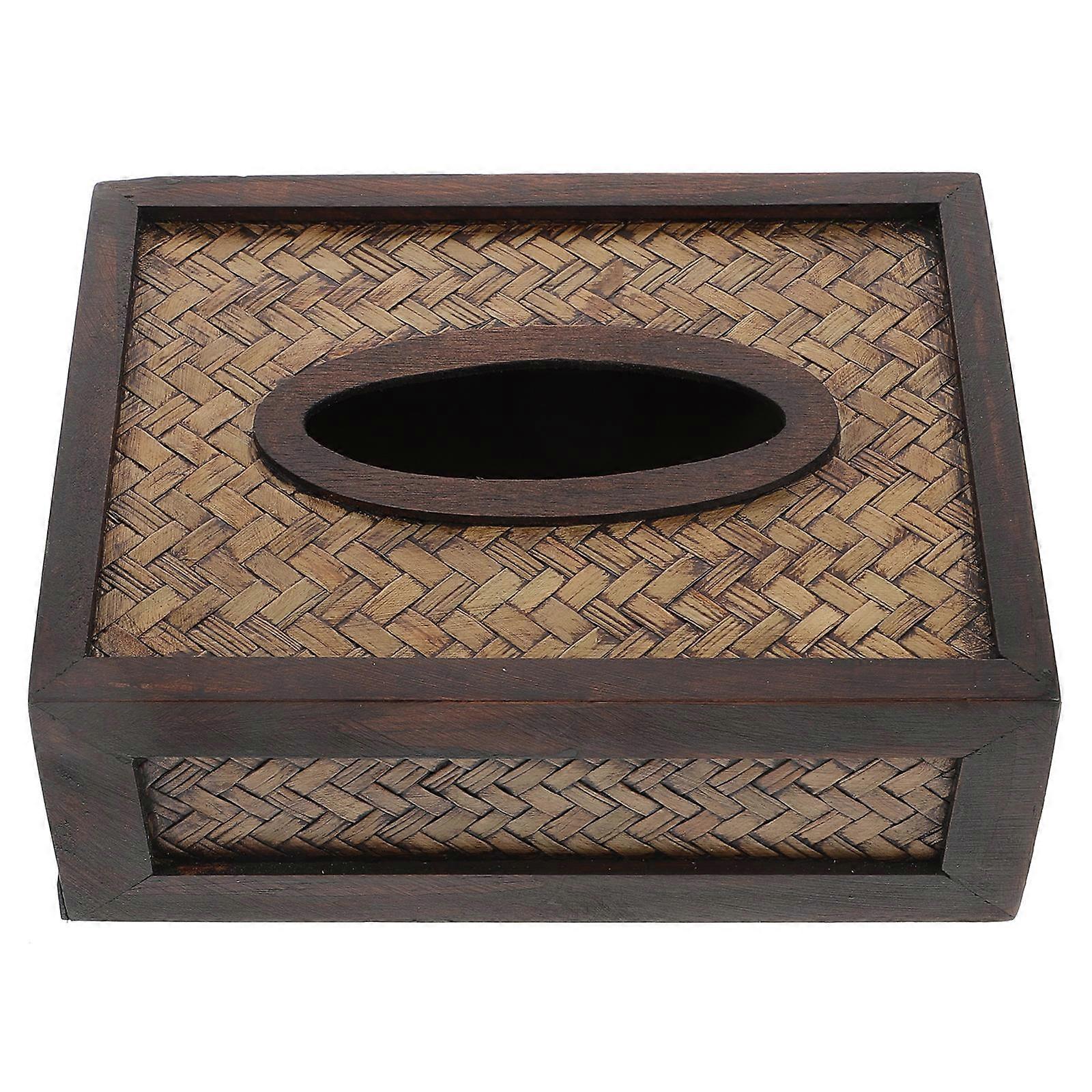 Retro Rattan Tissue Box Holder, Small Woven Napkin Organizer, Wood Storage Decor, Handcrafted Burr Surface for Home Living Room Desktop Use