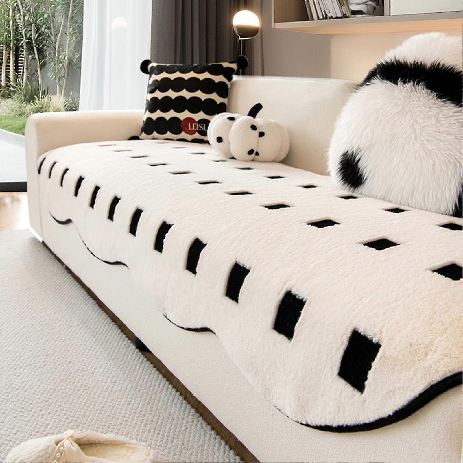 Plush faux faux fur sofa cover, soft checkered, nonslip, Lshaped sectional protector, washable (45x45cm, Black)