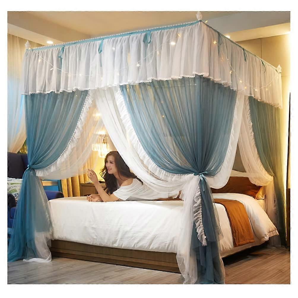 Doublelayer bed canopy mosquito net, 4corner posts, princess bed curtain (Green 120 x 200 cm)