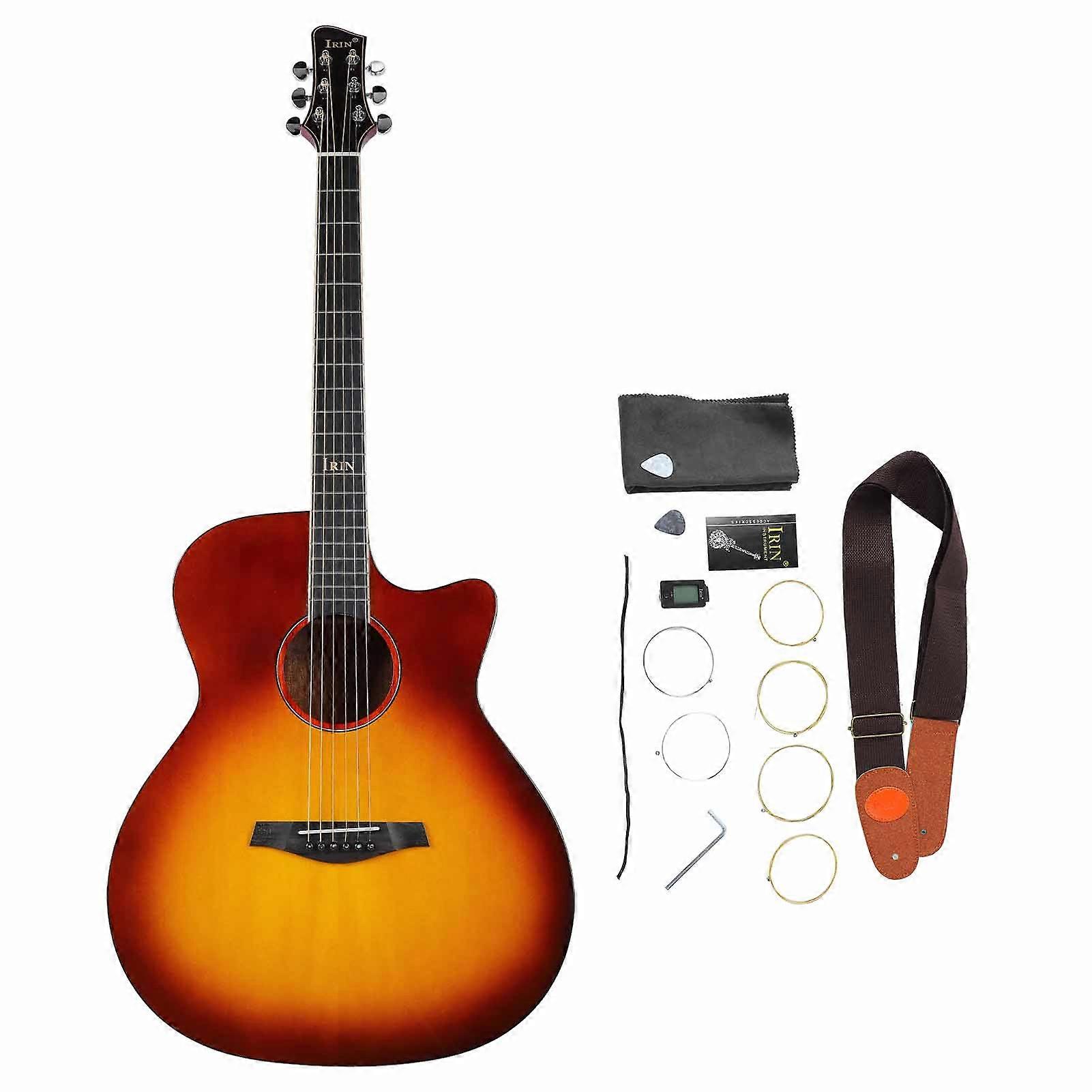 Acoustic Guitar 41in Folk with Wrench Wipe Cloth Playing String Instrument Gift for Beginners Adults Sunset Color