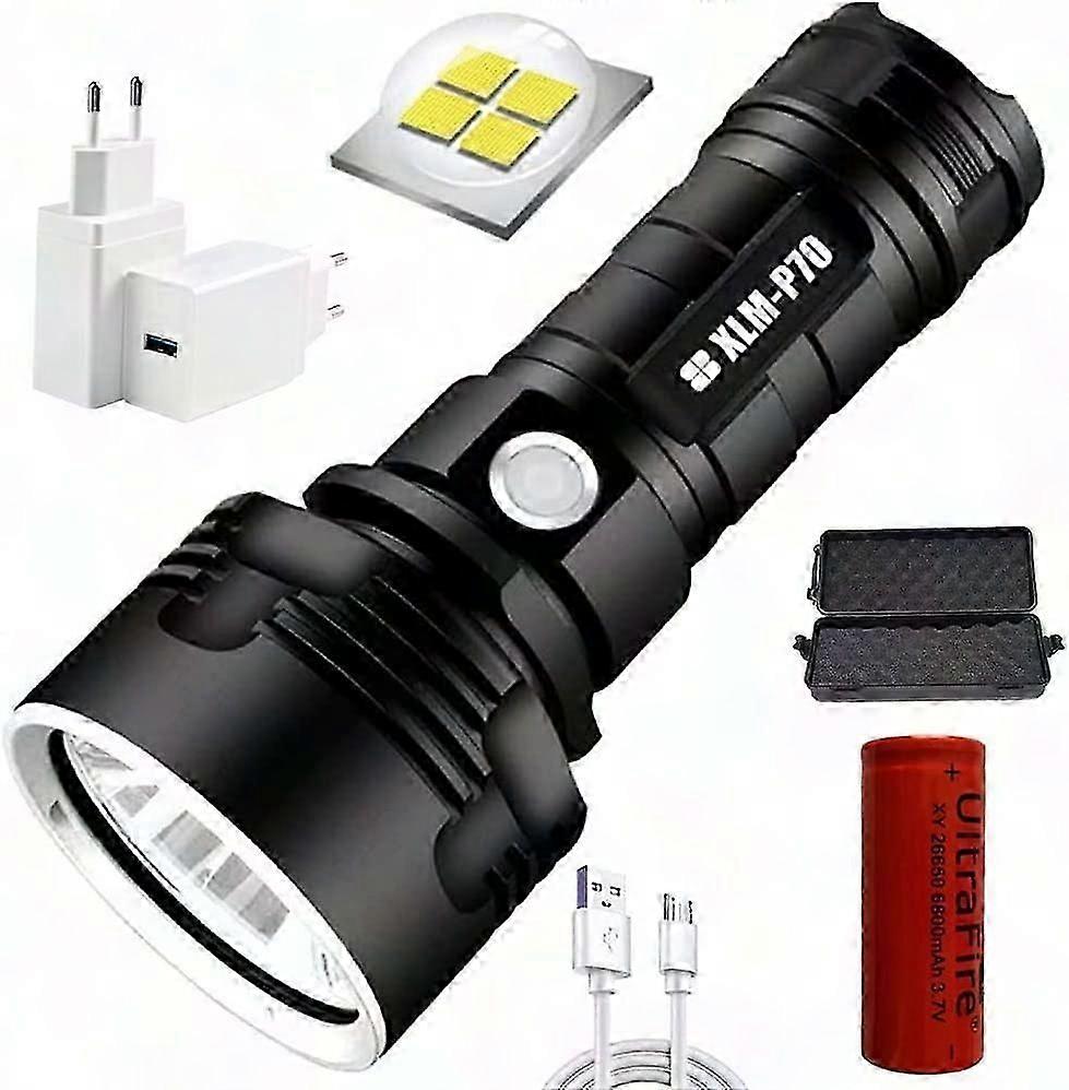 P70 Flashlight, 30000-100000 Lumens Ultra Bright LED High Power Waterproof Flashlight, XLM-P70 50W 3-Mode Most Powerful Flashlight (Single Battery)