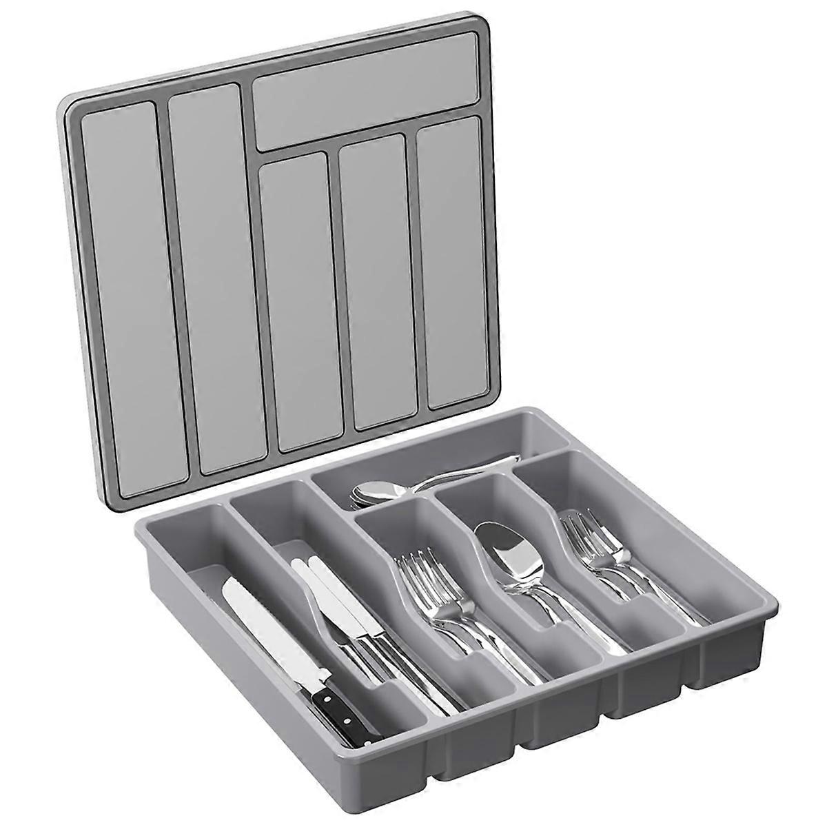 Silverware Organizer with Lid,Covered Utensil Tray Gray
