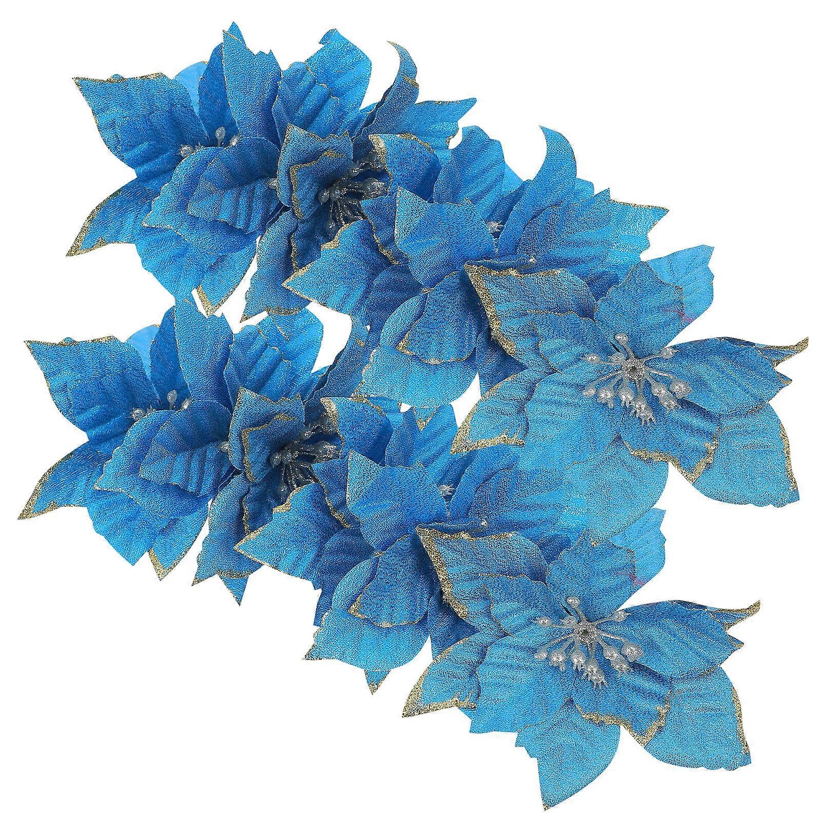 Glitter Fake Flower Xmas Glitter Flower Christmas Ornaments Decoration Blue 13cm 24Pcs