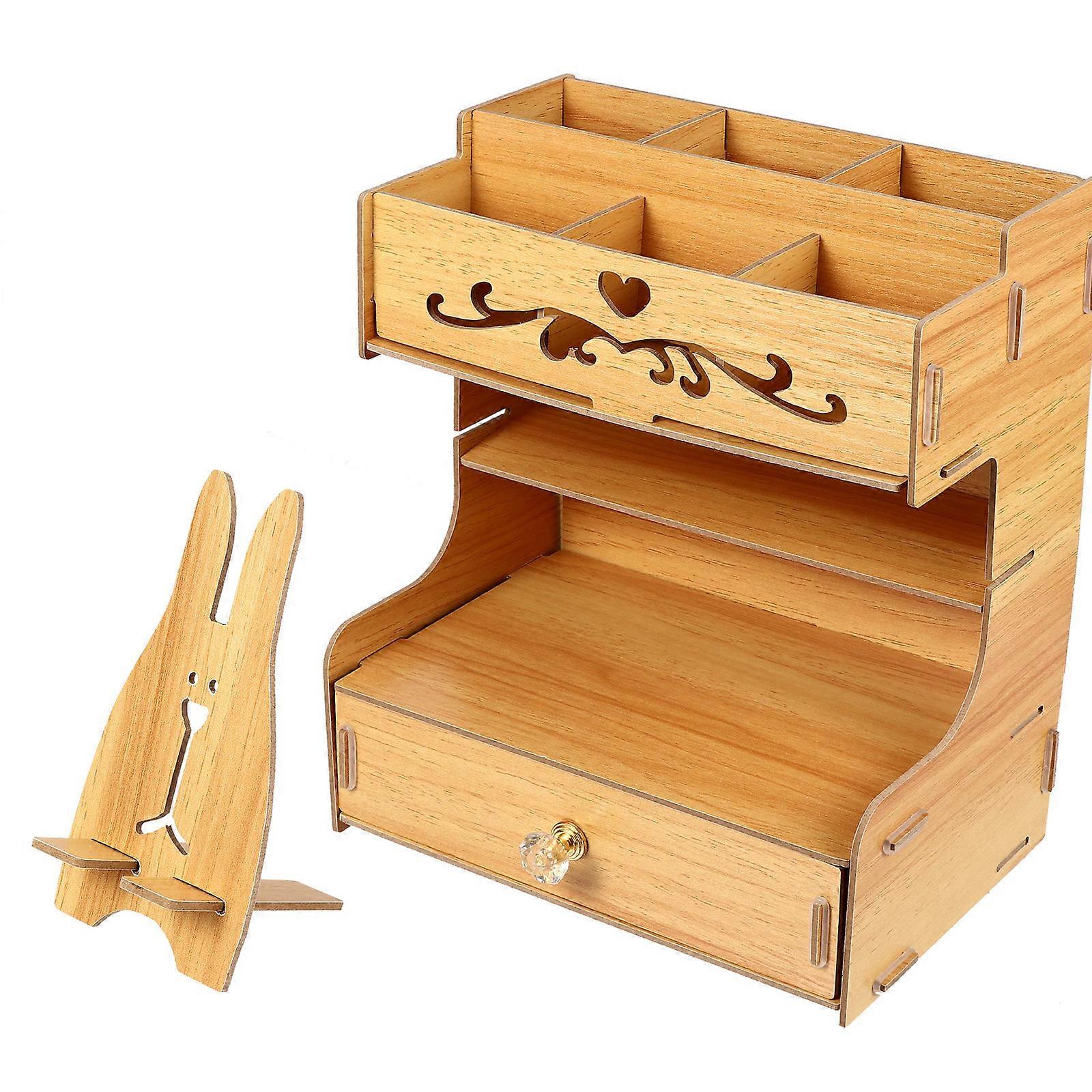 Wooden Desk Organizer with Large Capacity Pencil Holder and Storage Drawer for Office Use Brown