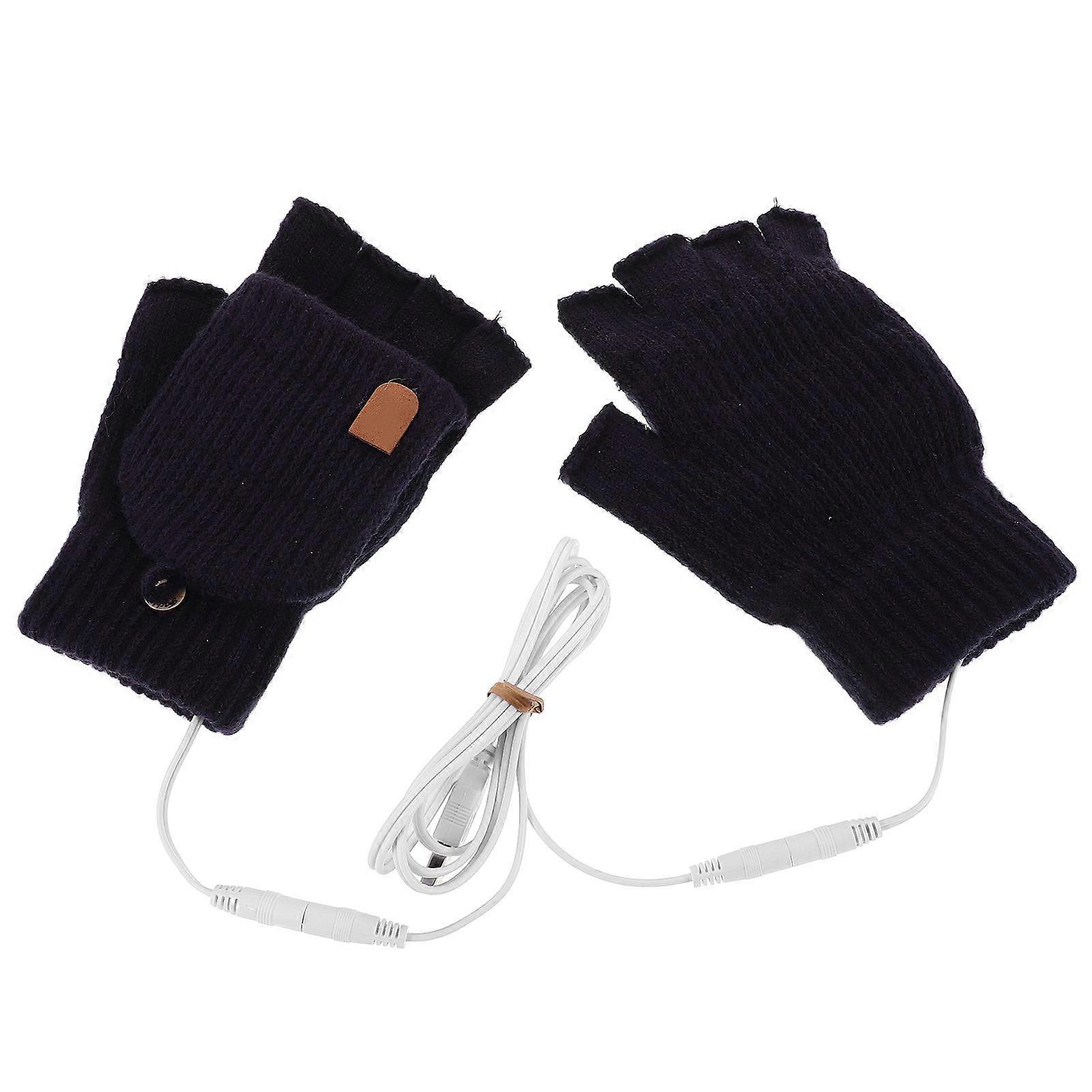 USB Heated Fingerless Gloves for Women with Warm Flip Cover and Plush Lining for Winter Use Dark Blue