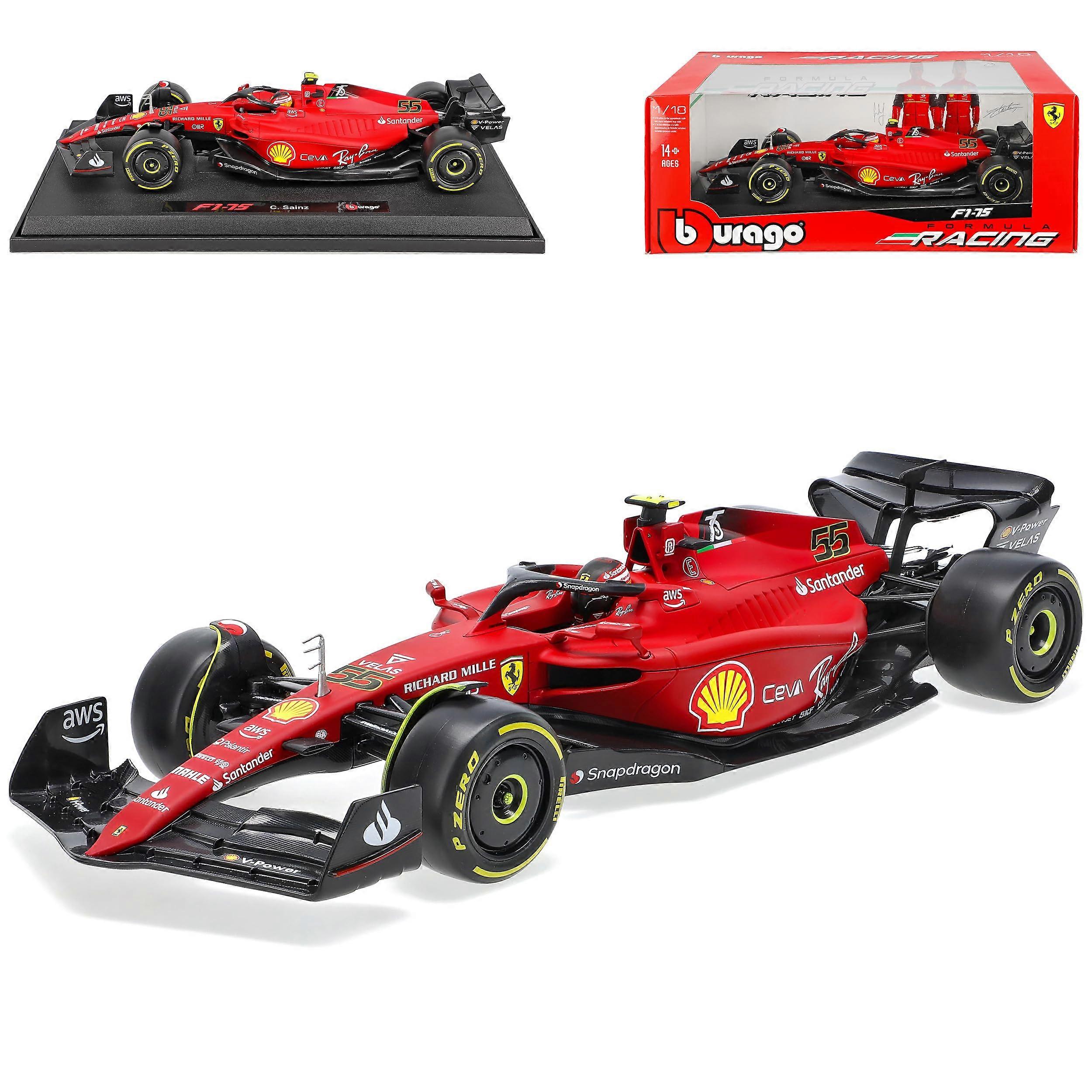 Ferrari F175 Carlos Sainz No. 55 Formula 1 with Stand 1/18 Burago Model Car Without Custom License Plate