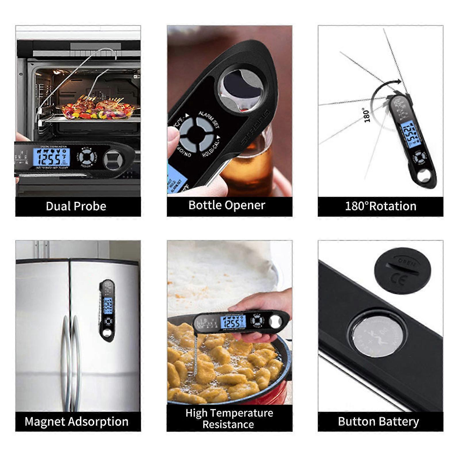 2 in 1 Dual Probe Instant Read Meat Thermometer with Alarm, Black