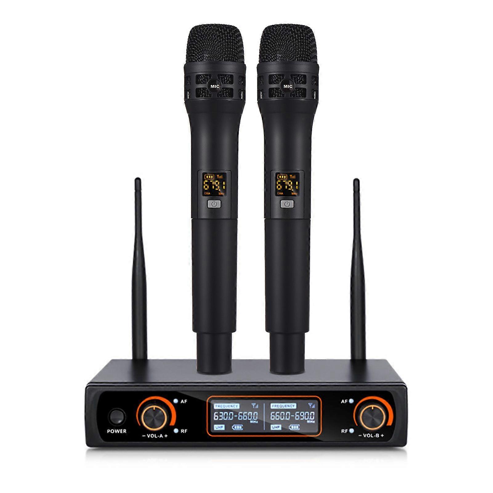 Professional 16 Channels UHF Wireless Handheld Microphone System 2 Microphones 1 Receiver 6.35mm Audio Cable LCD Display Cardioid Microphone and Recei