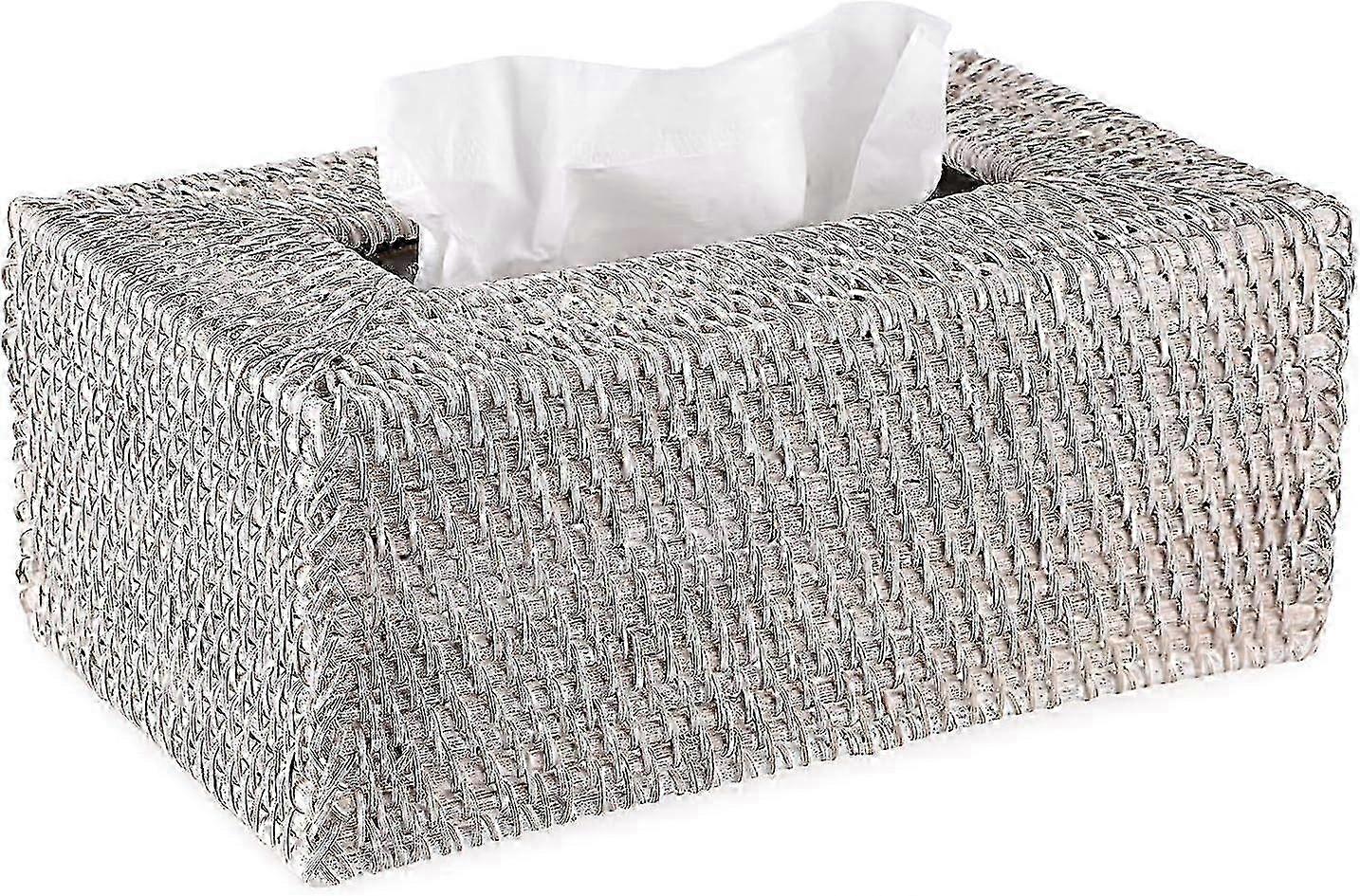 Whitewashed Rattan Tissue Box Cover, Decorative Wicker Holder for Rectangle Paper Tissues, Natural Home Decor