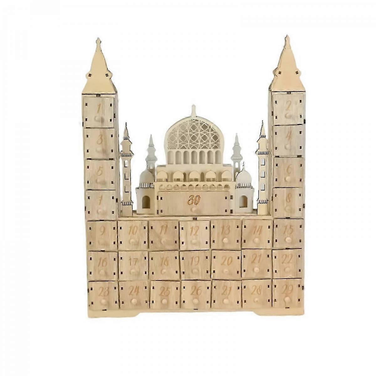 Wood Eid Advent Calendar with LED Light and 30 Drawers Countdown Calendar for Ramadans Table and Home Party Decorations