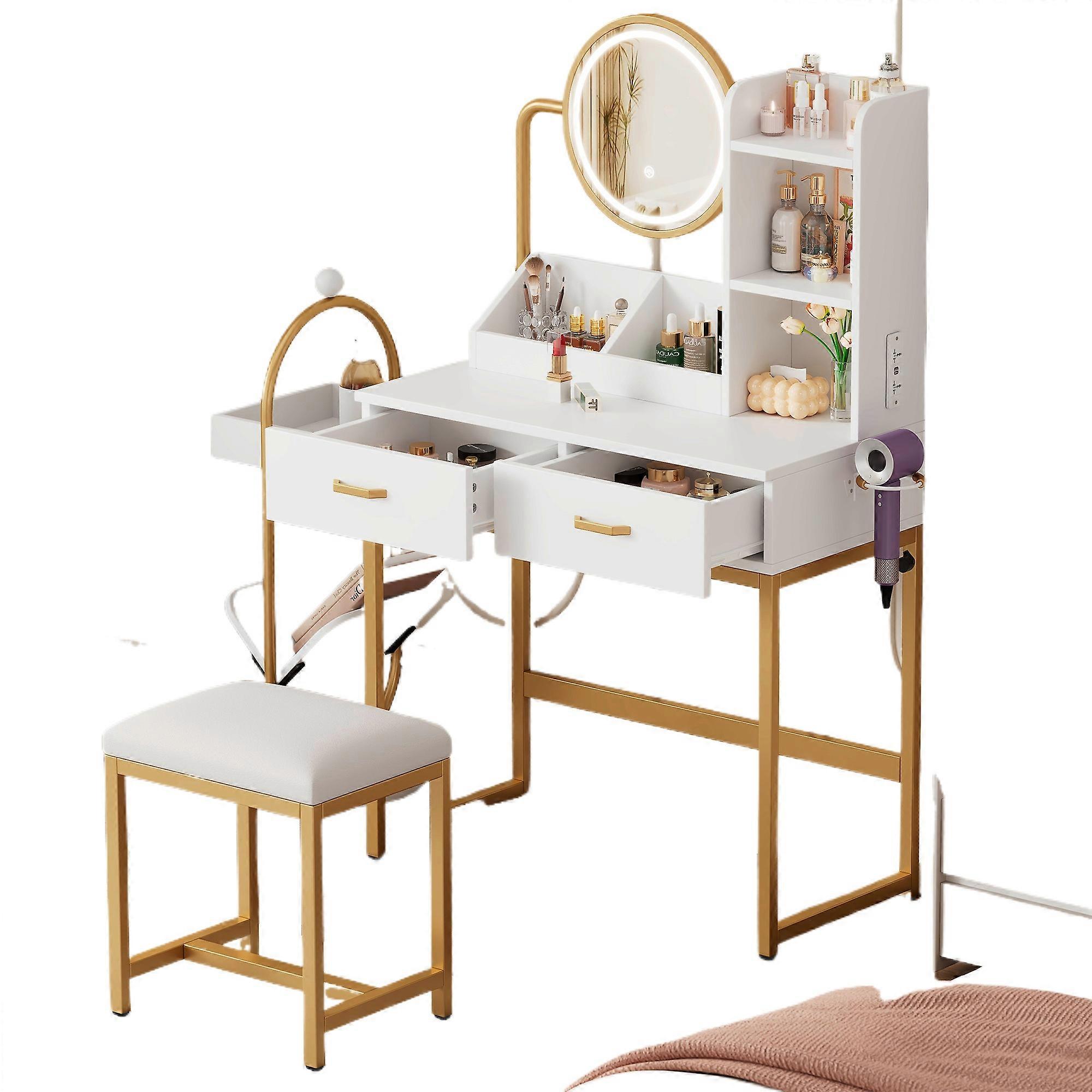 Modern Vanity LED Lighting Rotating Mirror Outlets Gold Legs 2 Drawers White