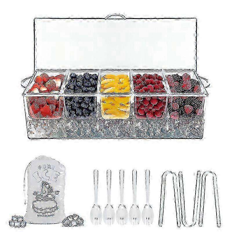 Chilled Condiment Server with Clear Garnish Tray and Lid for Bar Parties: 5 Removable Compartments2025