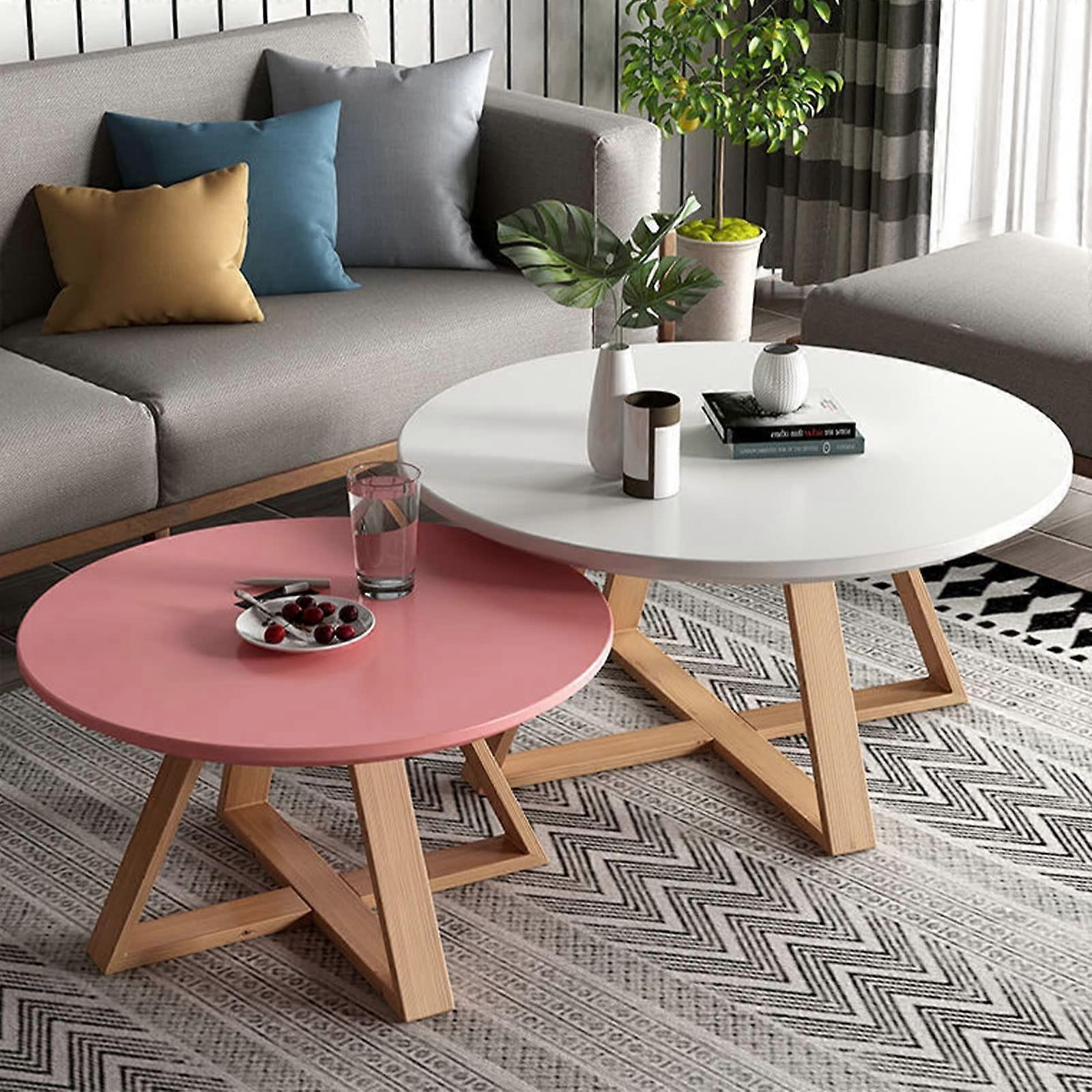 Modern Nesting Coffee Tables Set Of 2 Round Tables For Living Room Bedroom Balcony White Pink 70/50cm