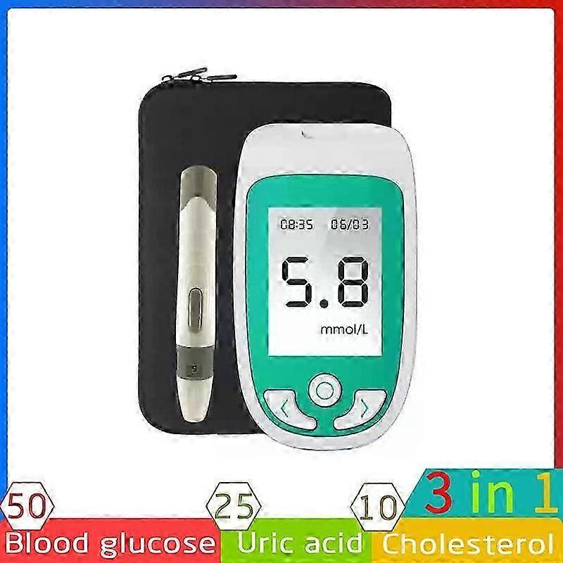 Tiras de teste multifuncionais para diabetes, colesterol e ácido úrico.