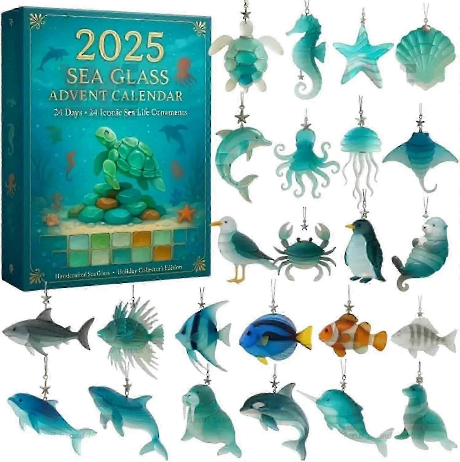 Ocean Themed Advent Calendar for 24 Days, Unique Christmas Countdown with Sea Glass and Adorable Realistic 2D Acrylic Marine Animals