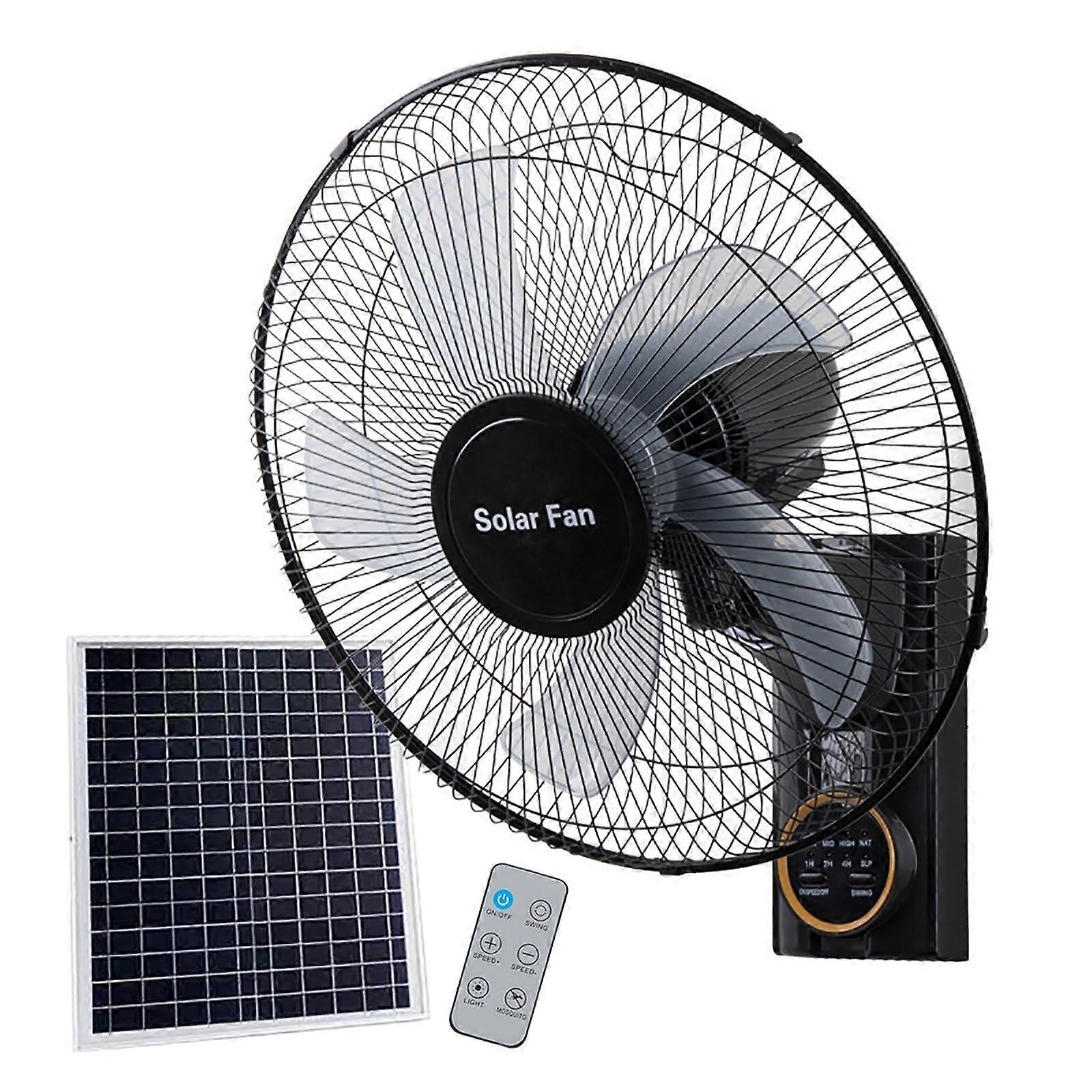 Solar Wall Mounted Fan with Remote Control, 3 Speeds, Timer, Adjustable Tilt, 90° Oscillation, 16' Heavy Duty Black