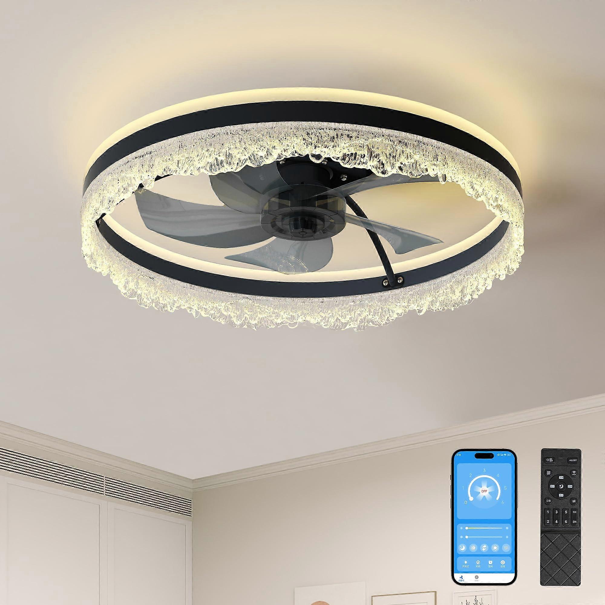 20in Flush Mount Ceiling Fan with Crystal Light, Silent LED, Remote Control, 3 Color Modes, Black