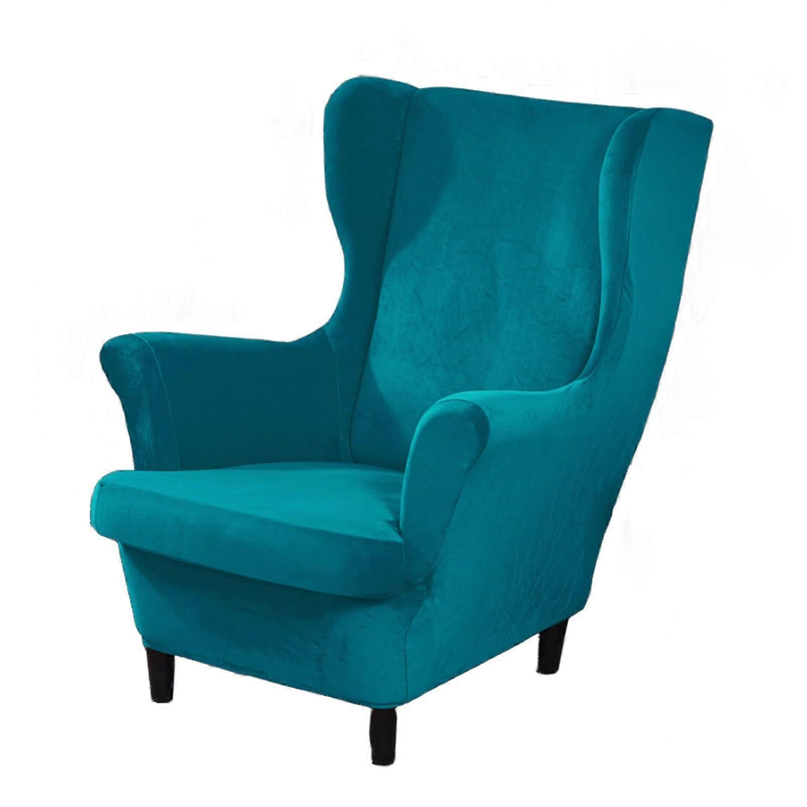 Velvet Wingback Chair Cover 2 Piece Stretch Slipcover with AntiSlip Elastic Bottom Peacock Blue