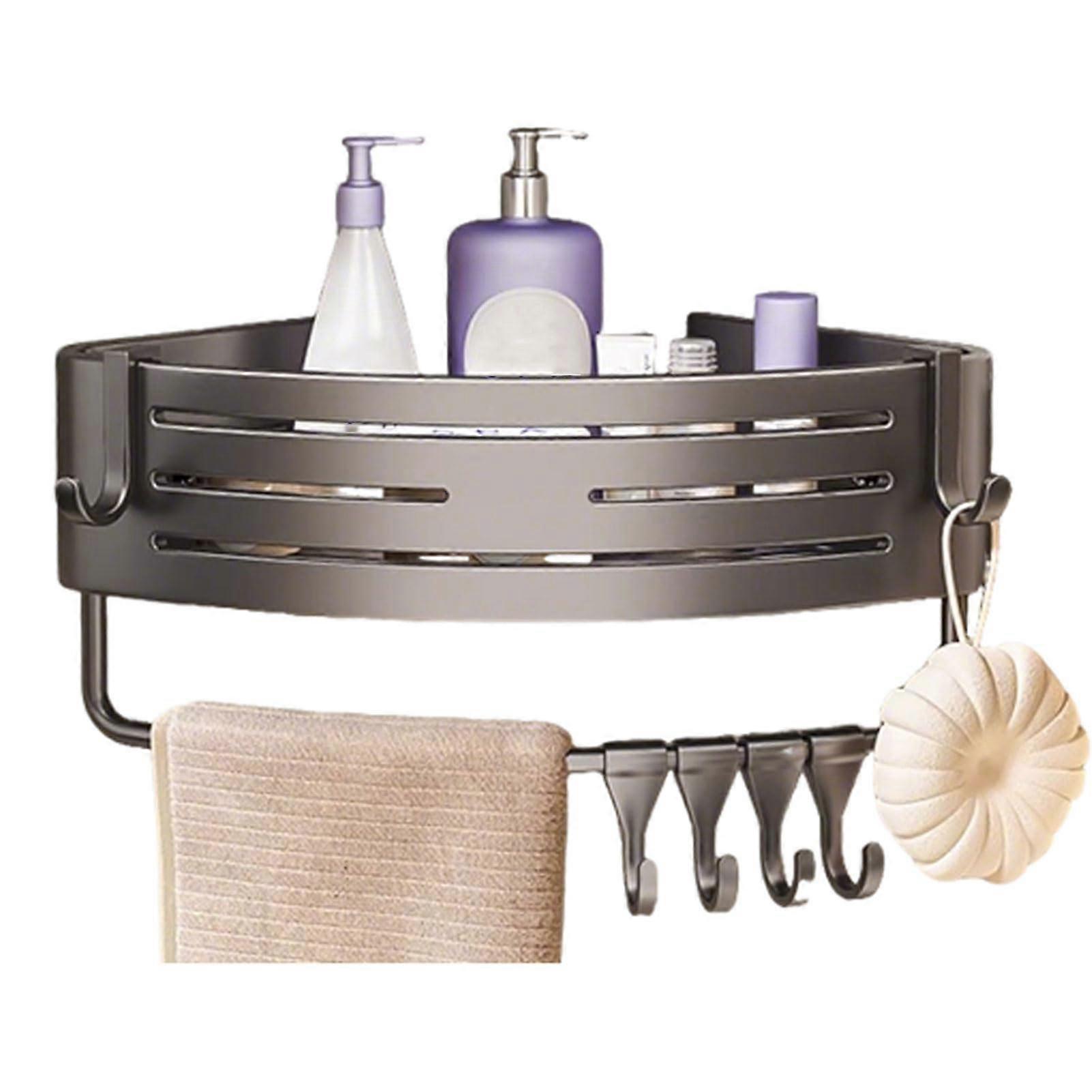 Corner Shower Shelf with Hooks, Rustproof Aluminum Bathroom Organizer, No Drilling SpaceSaving Rack