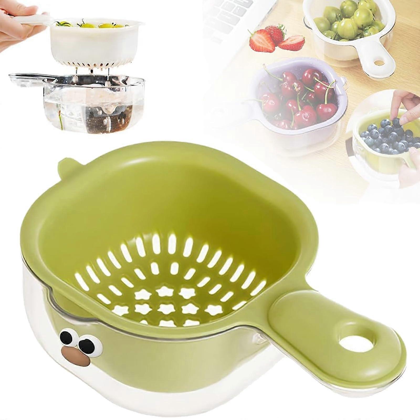 Kitchen Strainer Basket with Handle, Double Layer Lock Design Fruit and Vegetable Washer, Green