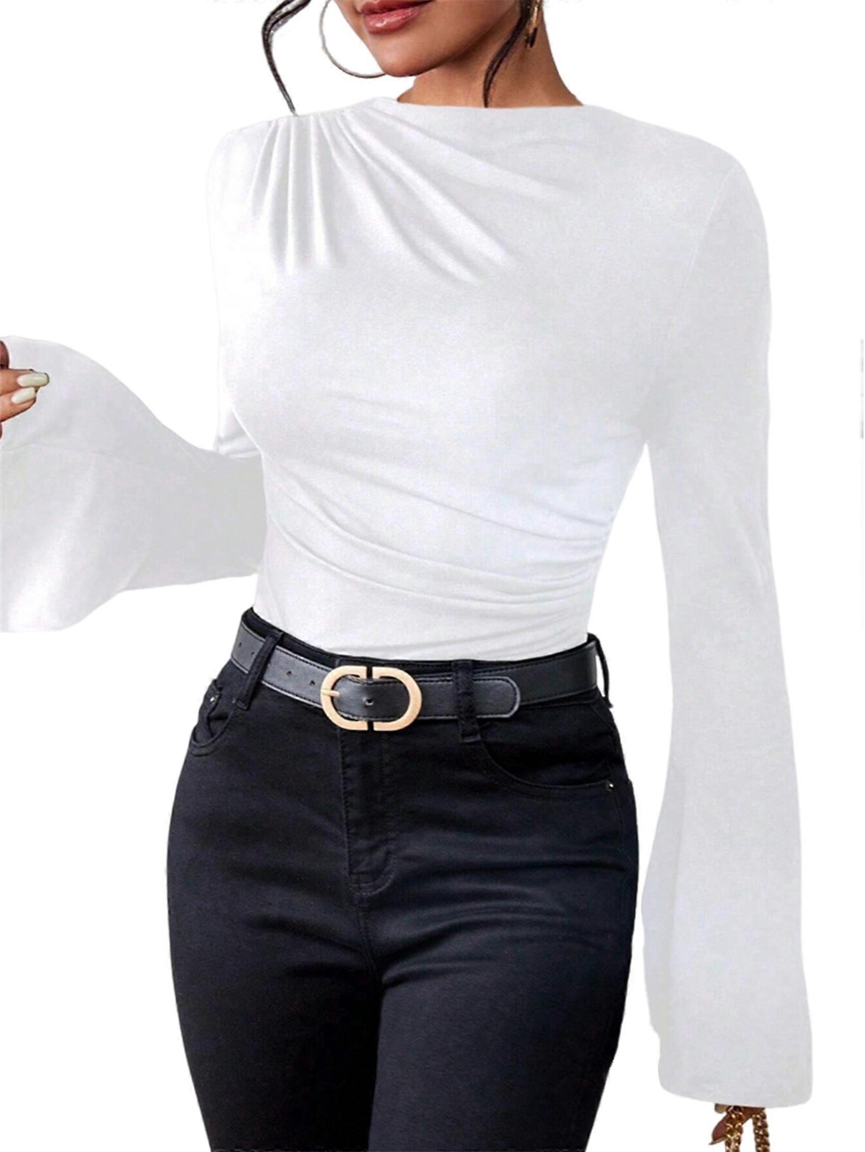 Women'S Ruched Mock Neck Long Ruffle Sleeve Stretch Solid Basic Tee Shirts Tops White S