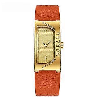 MOKAGO Women's Gold Plated Quartz Watch with Orange Leather Strap - Elegant Fashion Timepiece for Women