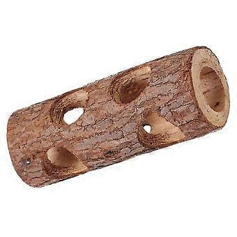 Bruine houten hamstertunnel als schuilplaats voor huisdieren, inclusief natuurlijk houten speeltje.