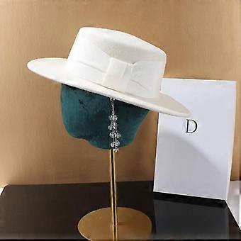 Autumn Winter 100% Pure Wool White Flat Top Fedora French Elegant Women's Wide Brim Felt Hat Church Derby Cap Wedding Panama Hat