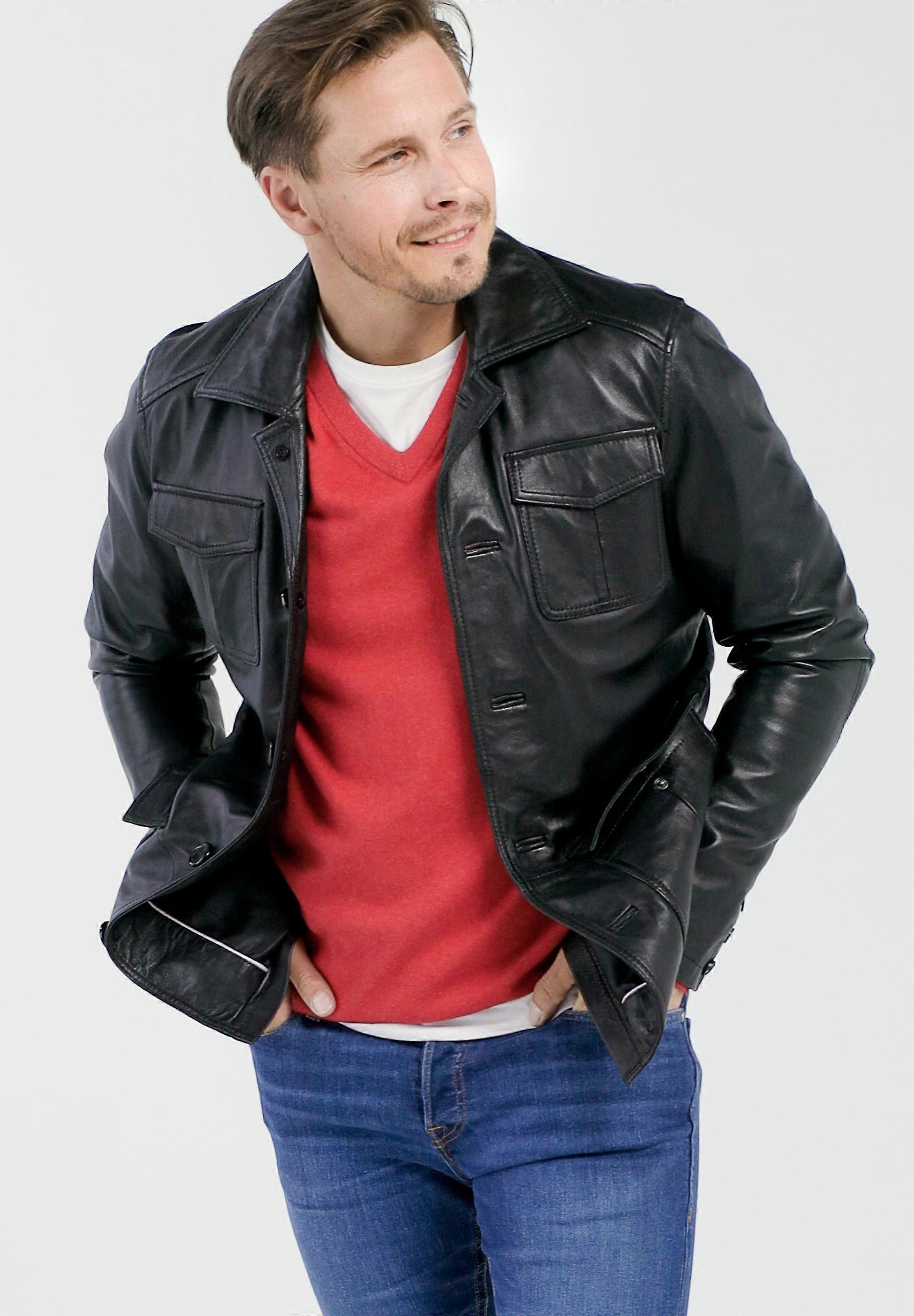 Men's leather jacket classic with button closure Roman