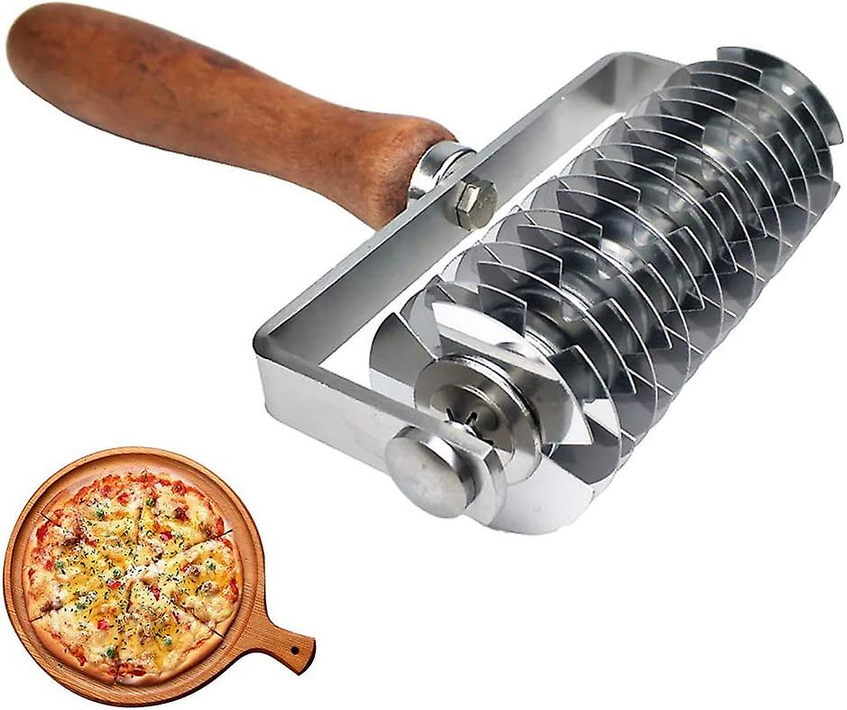 Pâte en acier inoxydable Treillis Top Cookie Pie Pizza Pain Pâte Croûte Roller Cutter, poignée en bois