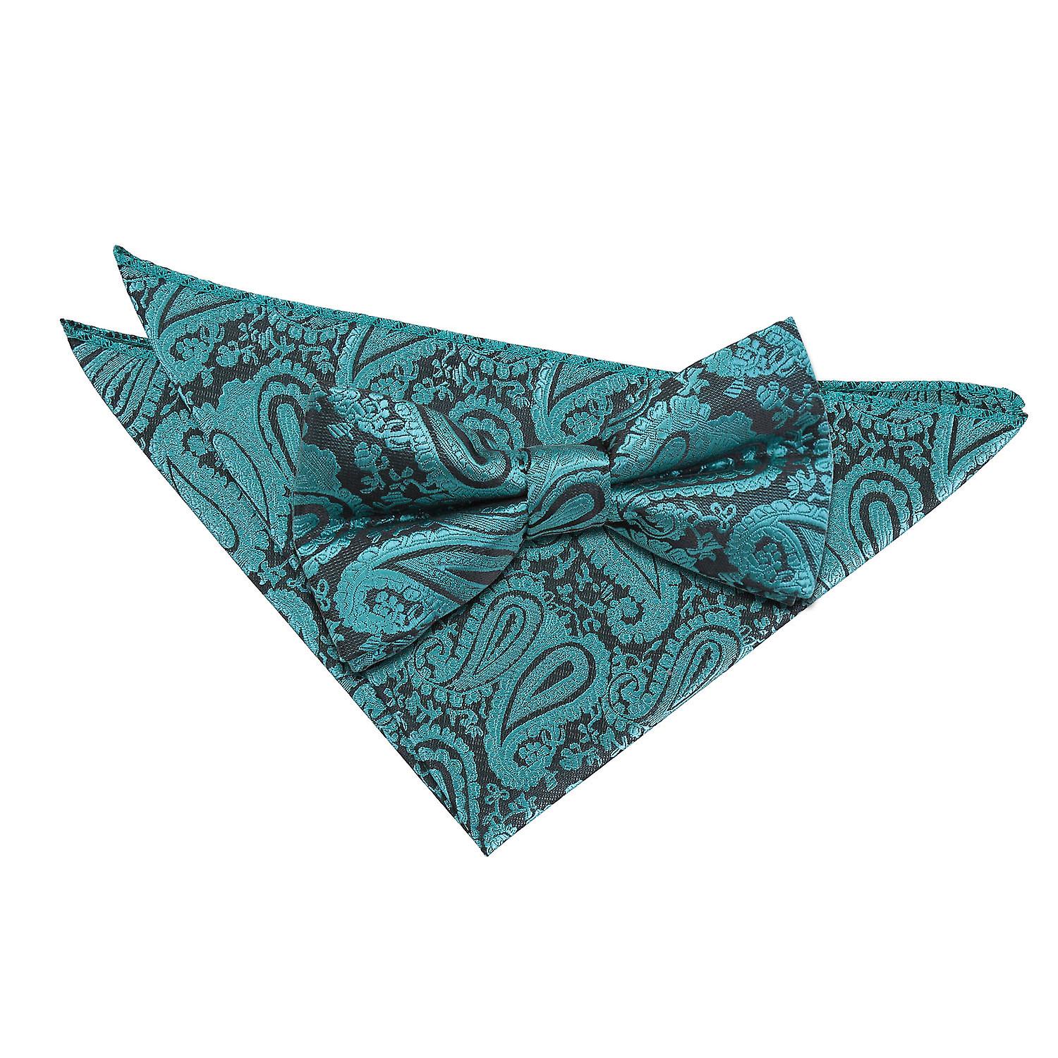Teal Paisley Bow Tie and Pocket Square Set