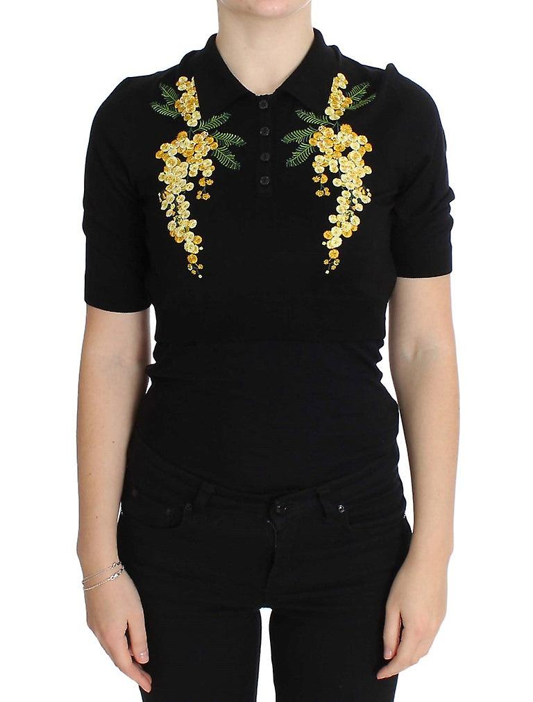 Black Silk Floral Embroidered Polo Top