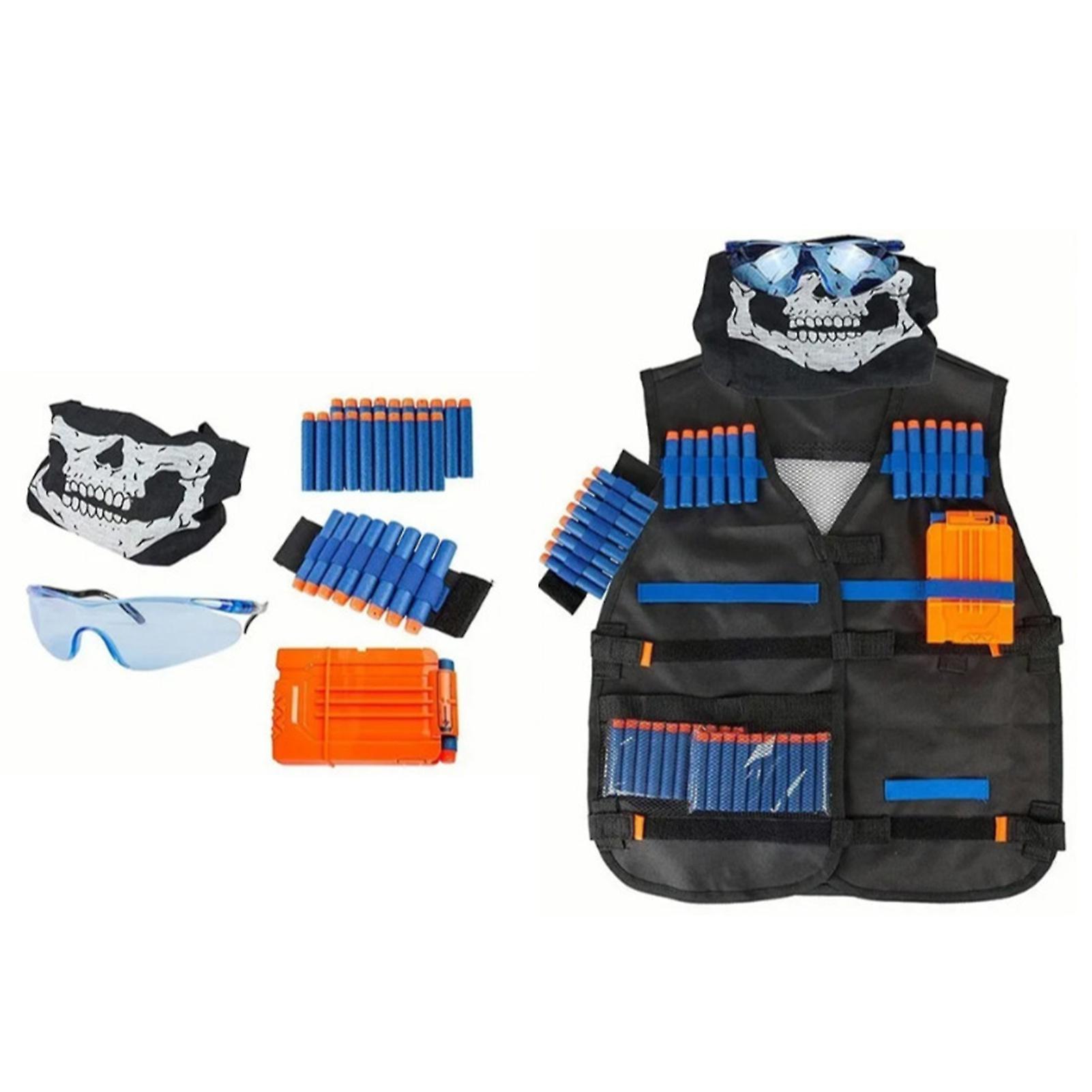 Kids Military Vest Kit Shooting Refill Darts and 6 Dart Reload Clips Protective Glasses Face Cover Hand Wrist Band Kit Blue