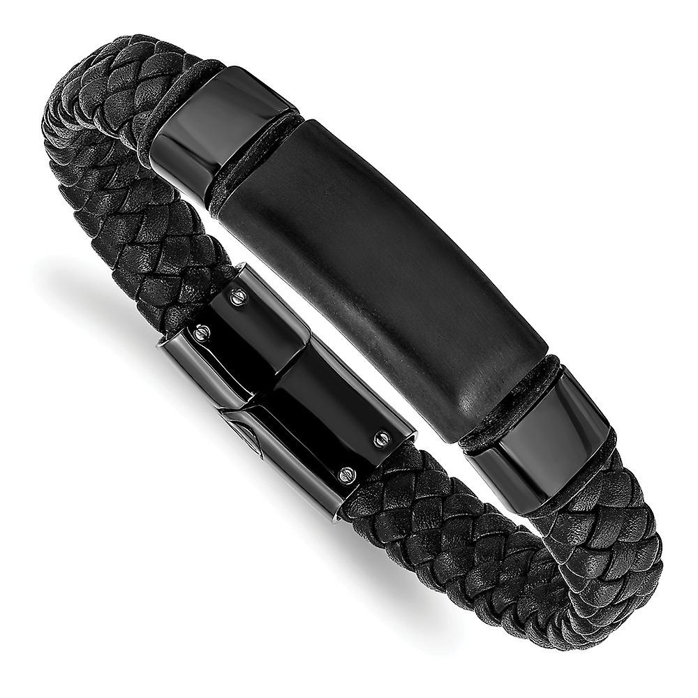 Stainless Steel Magnetic Clasp Brushed Black Ip Plated Braided Leather Bracelet 8.25 Inch 10mm Wide Link-Bracelet for Wo