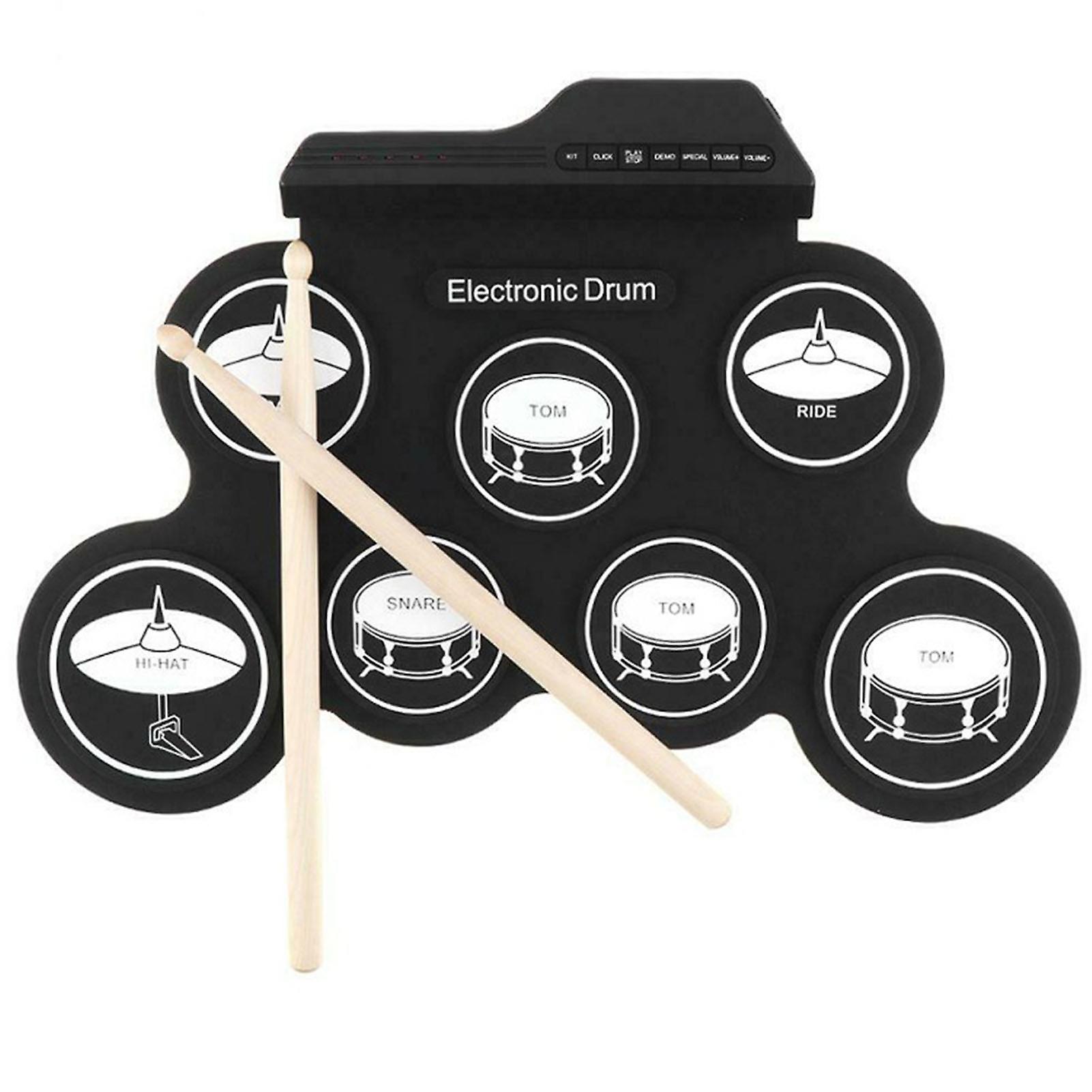 Electronic Drum Set 7 Pads 5 Tunings 8 Demonstration Songs 3 Rhythms Portable USB Roll Up Drum Practice Pad