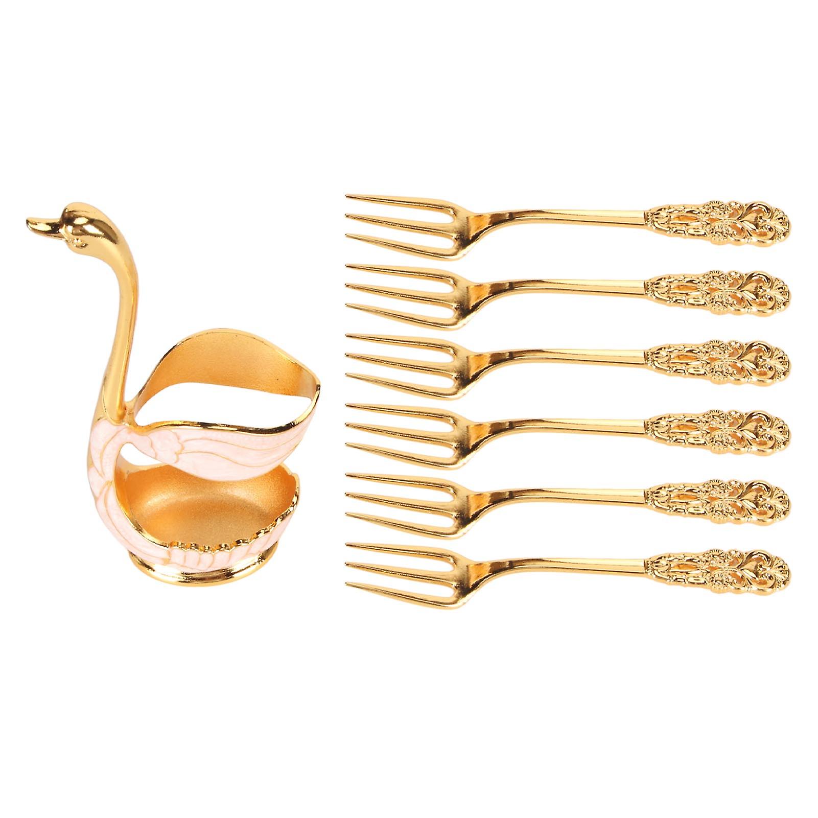 Elevate Your Dining Experience with 6pcs Coffee Dessert Fork Set - Elegant Metal Swan Base Holder Organizer with Forks for Coffee and Fruit