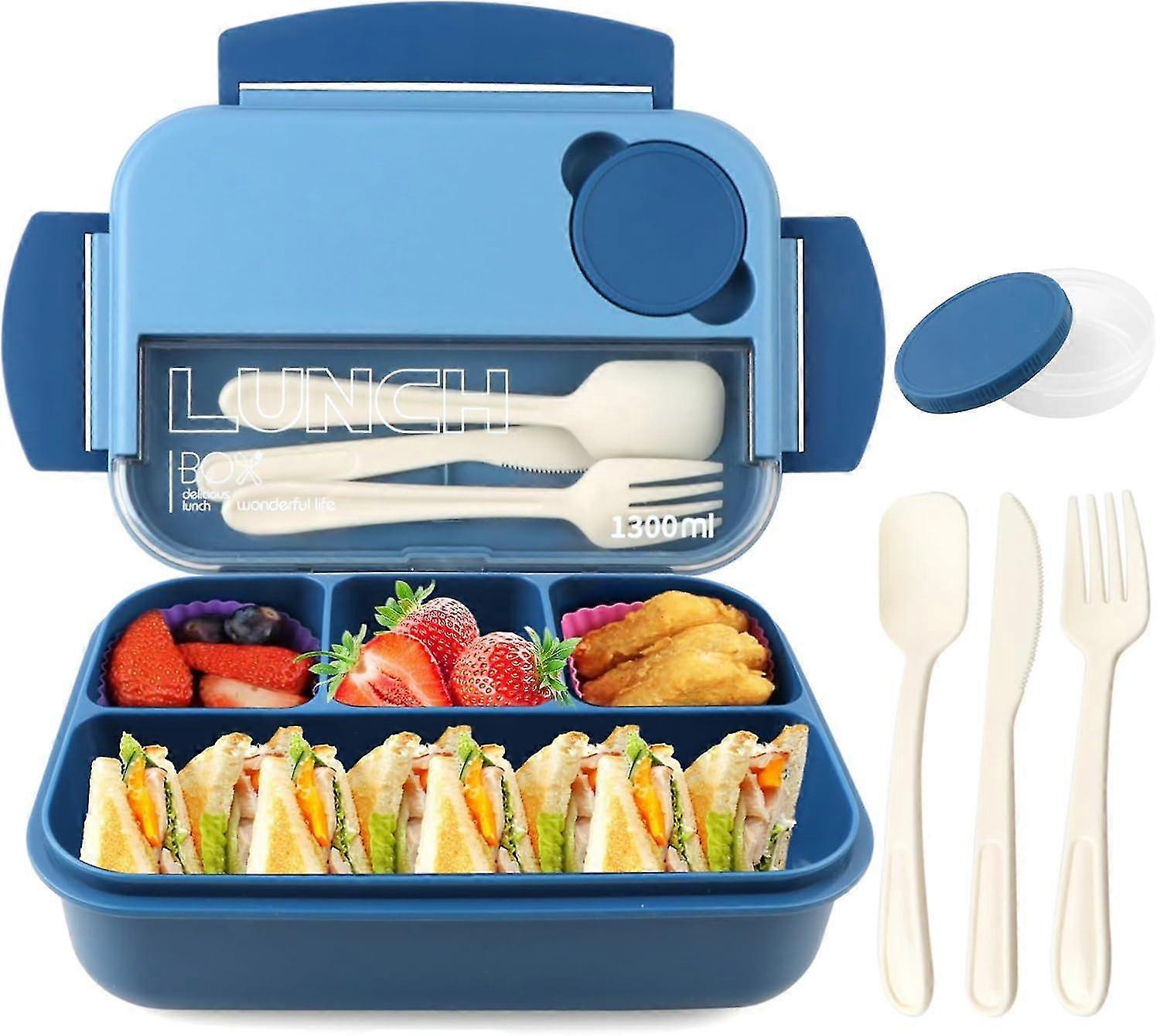 Bento Lunch Box for Adults, Leak-Proof Lunchbox with Sauce Containers Fork and Spoon