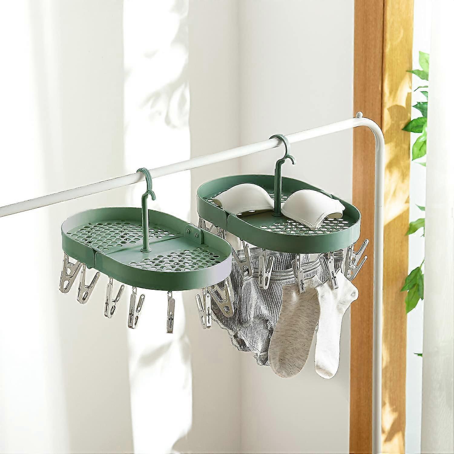 2 Pack Hanging Drying Rack, Sock Drying Rack, Foldable Plastic Drying Rack With 360 Swivel Hook For Underwear, Socks, Clothes Drying Rack With 14 Clot