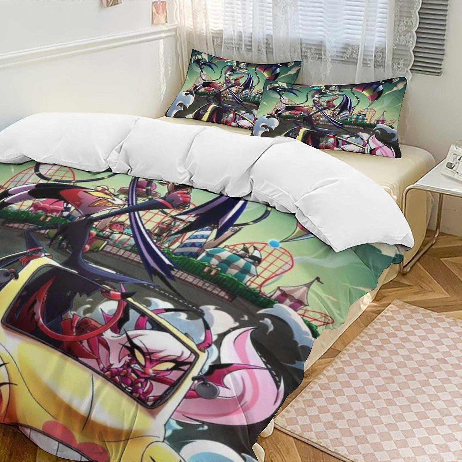v257 Hazbin Hotel 2 Cama Capa de Edredom Conjuntos de Cama de Microfibra Conjuntos de Edredom Leve de 3 Peças, 1 Capa de Edredom e 2 Fronhas para Crianças aa257