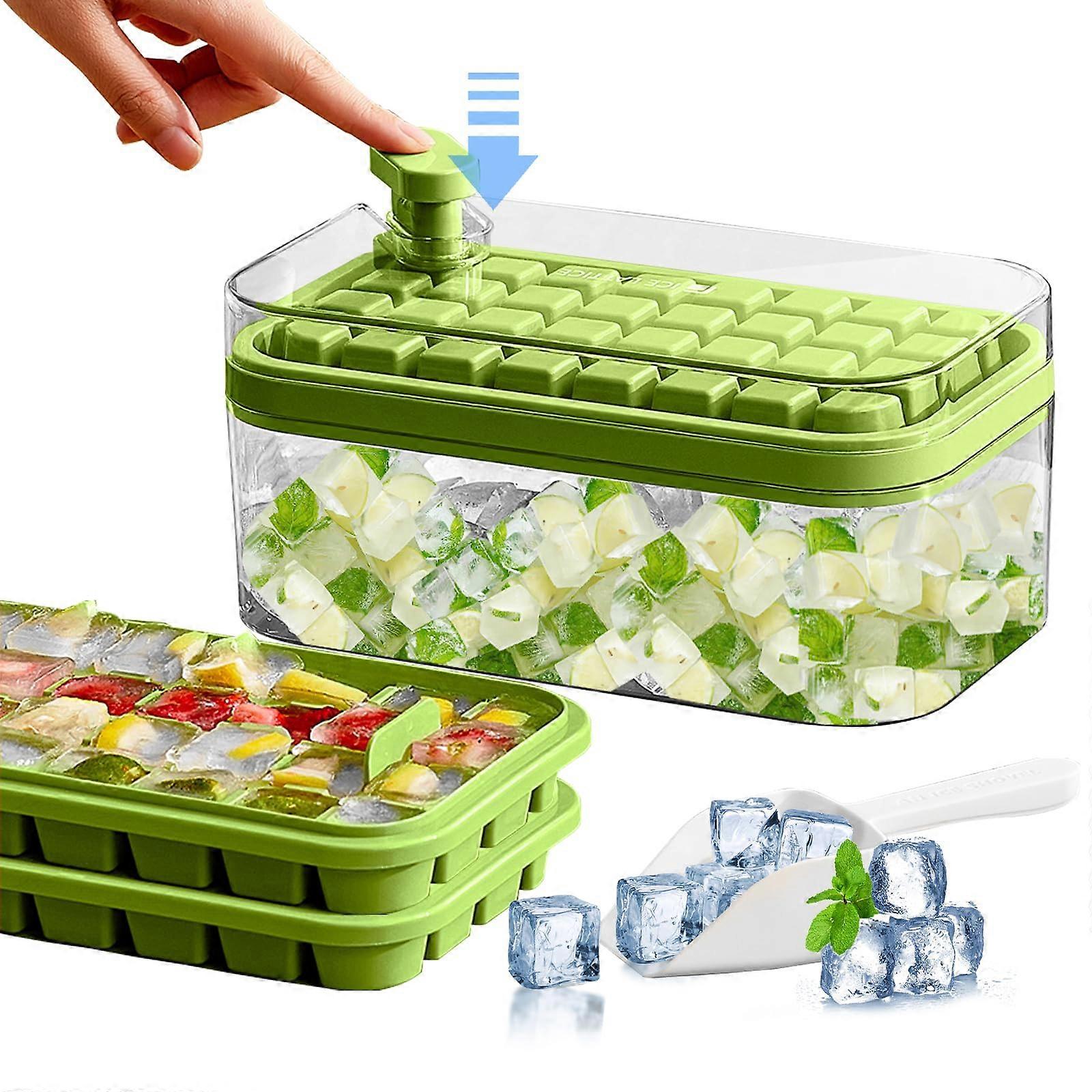 Ice Cube Tray with Lid,64 Ice Trays 2 Tiers Storage Ice Cube Box Moulds Making Easy Press to Release Ice with Scooper Ice Container