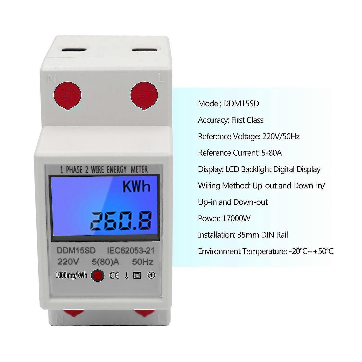 Single Phase Din-rail Energy Meter 5-80a 220v 50hz Electronic Kwh Meter With Lcd Backlight Digital Display Ddm15sd